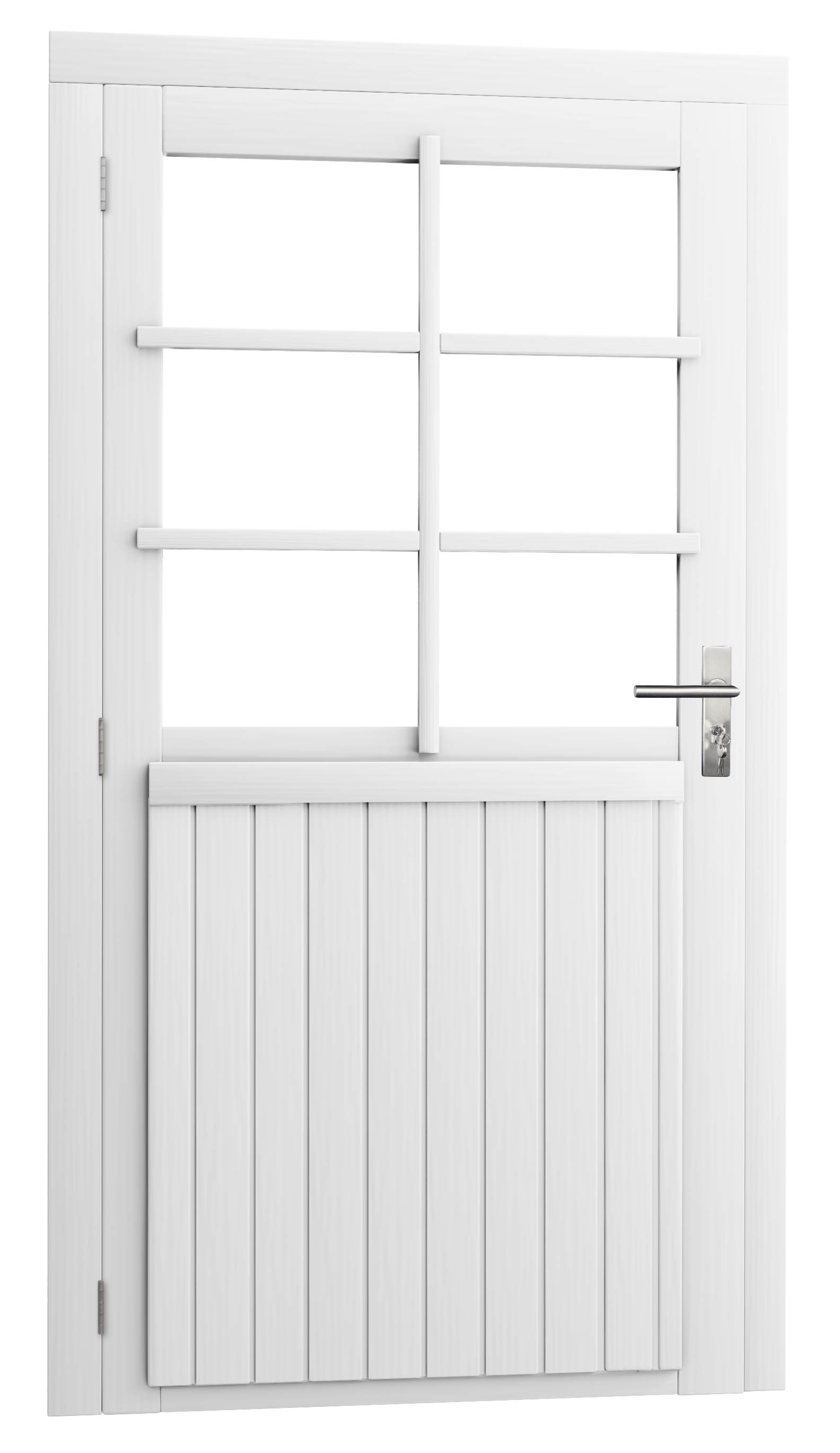 Vuren enkele 6-ruits deur extra breed inclusief kozijn, linksdraaiend, 112 x 201 cm, wit gespoten.