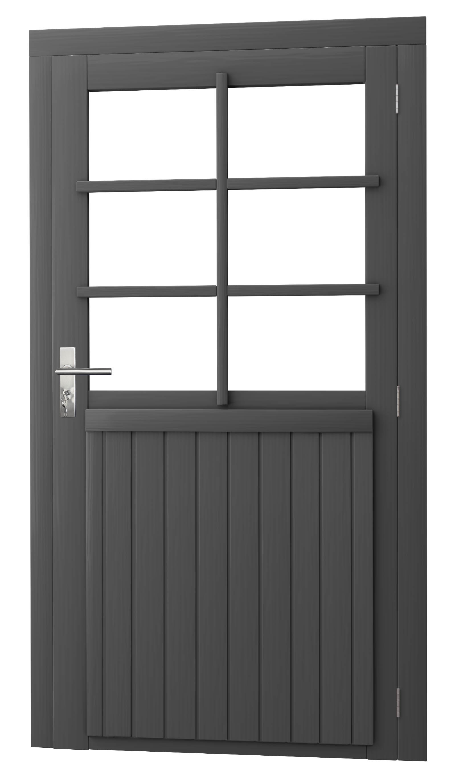 Vuren enkele 6-ruits deur extra breed inclusief kozijn, rechtsdraaiend, 112 x 201 cm, antraciet gespoten.