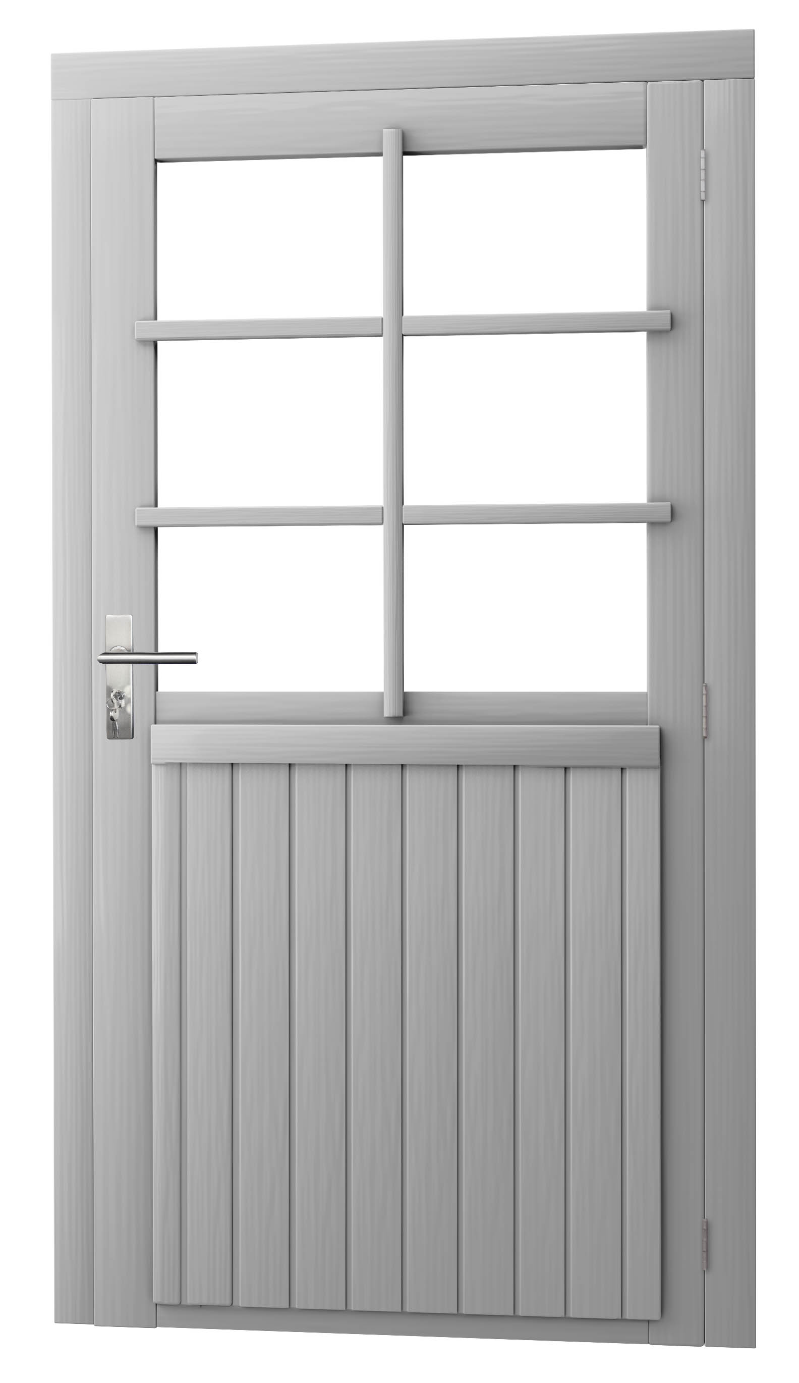 Vuren enkele 6-ruits deur extra breed inclusief kozijn, rechtsdraaiend, 112 x 201 cm, lichtgrijs gespoten.