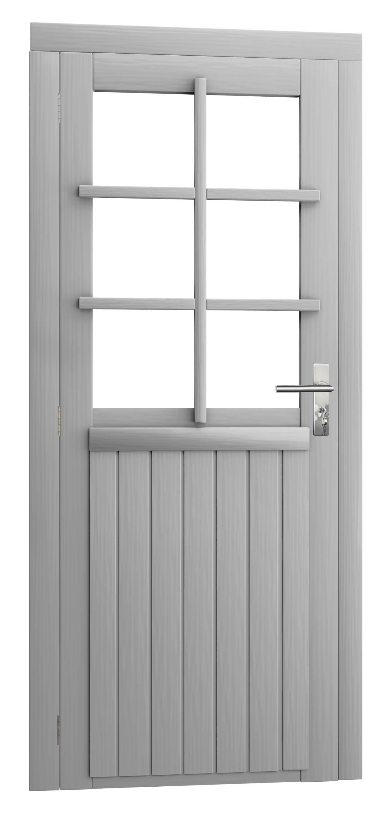 Vuren enkele 6-ruits deur inclusief kozijn, linksdraaiend, 90 x 201 cm, lichtgrijs gespoten.