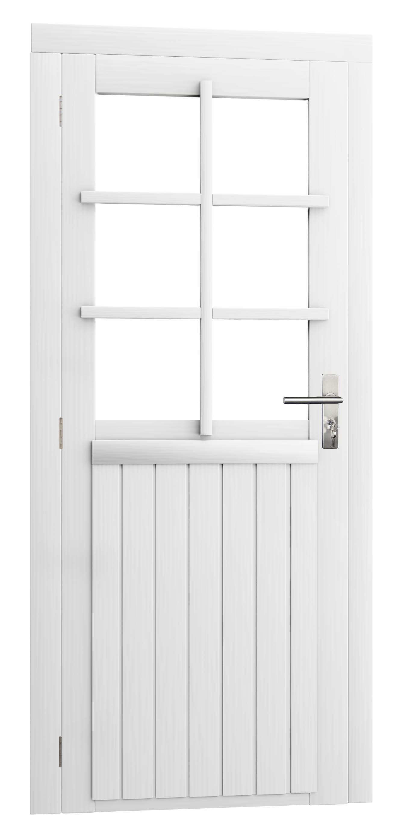 Vuren enkele 6-ruits deur inclusief kozijn, linksdraaiend, 90 x 201 cm, wit gespoten.