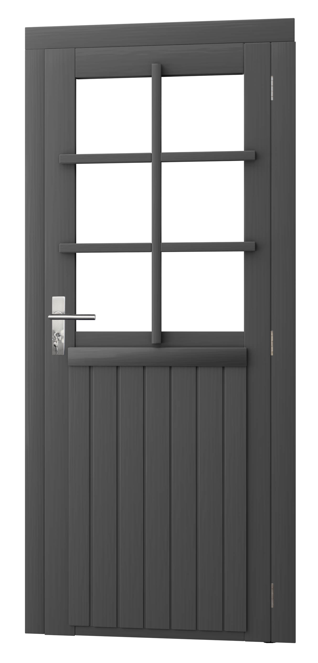 Vuren enkele 6-ruits deur inclusief kozijn, rechtsdraaiend, 90 x 201 cm, antraciet gespoten.