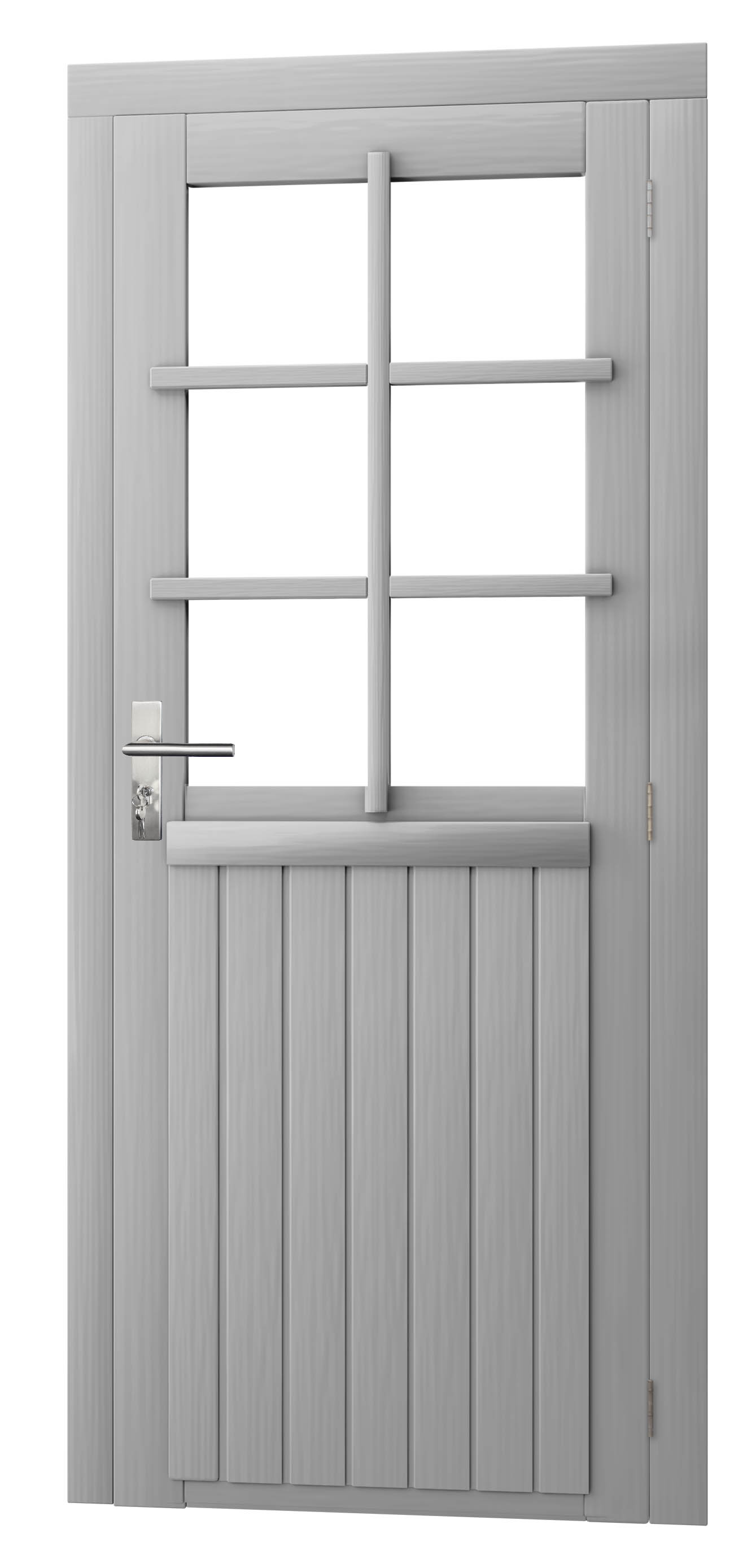 Vuren enkele 6-ruits deur inclusief kozijn, rechtsdraaiend, 90 x 201 cm, lichtgrijs gespoten.