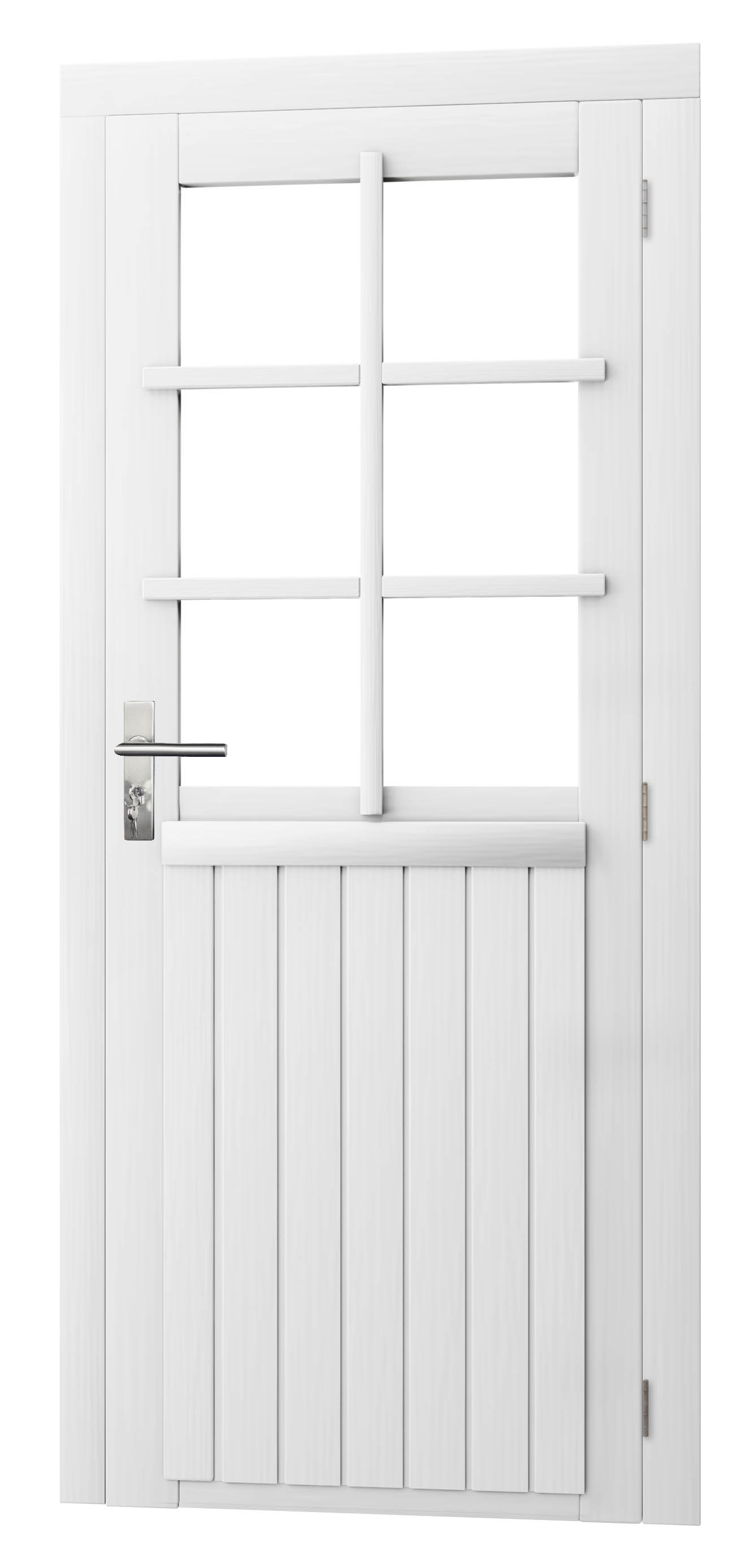 Vuren enkele 6-ruits deur inclusief kozijn, rechtsdraaiend, 90 x 201 cm, wit gespoten.