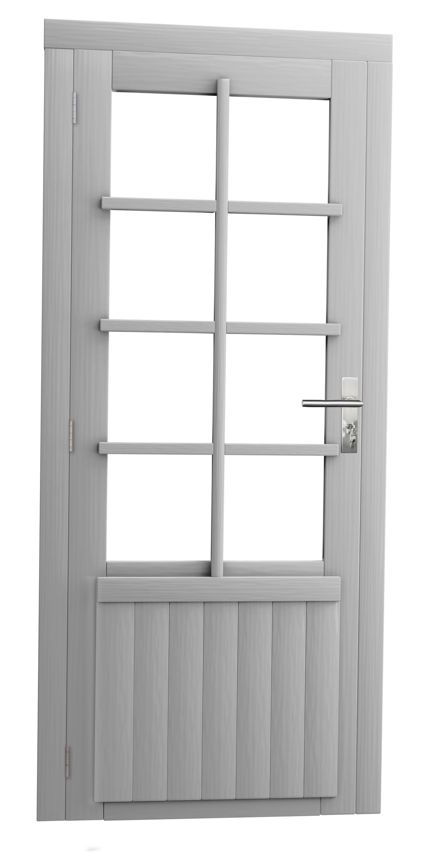 Vuren enkele 8-ruits deur inclusief kozijn, linksdraaiend, 90 x 201 cm, lichtgrijs gespoten.