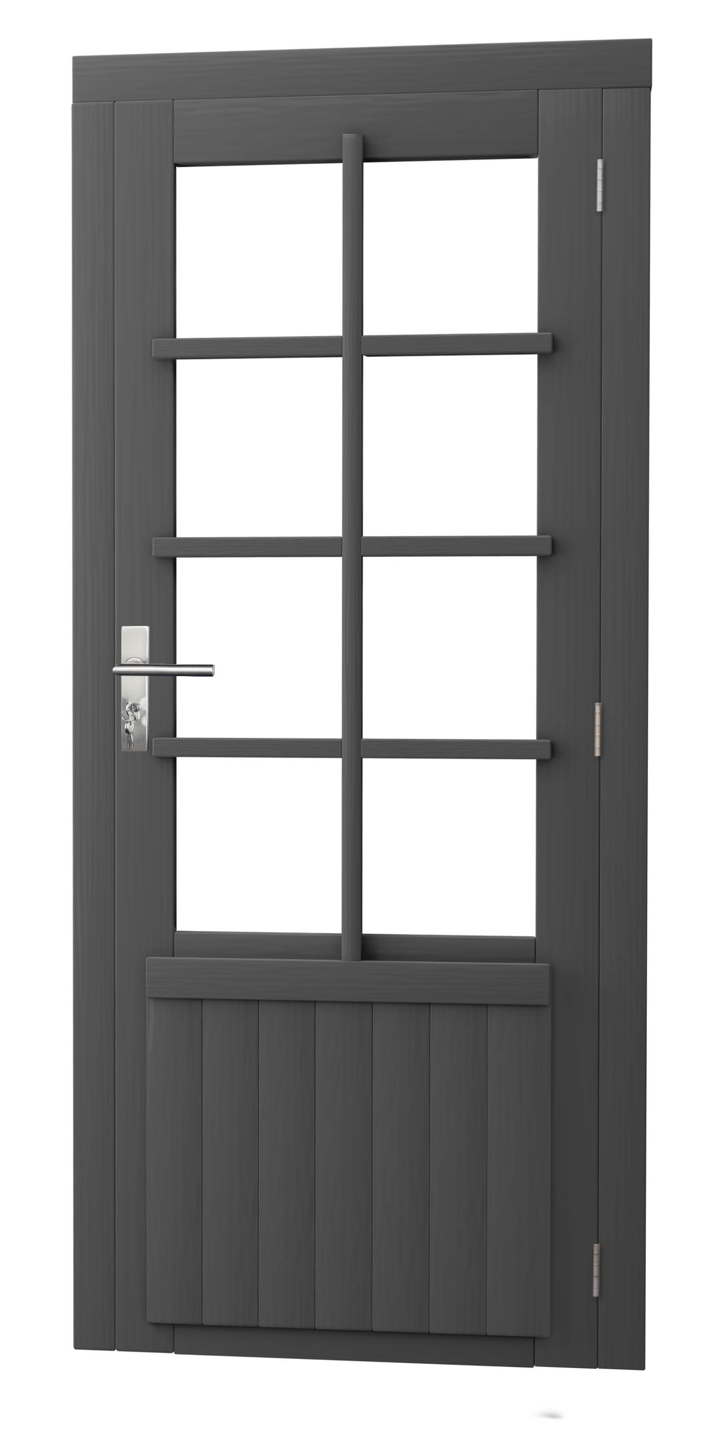 Vuren enkele 8-ruits deur inclusief kozijn, rechtsdraaiend, 90 x 201 cm, antraciet gespoten.