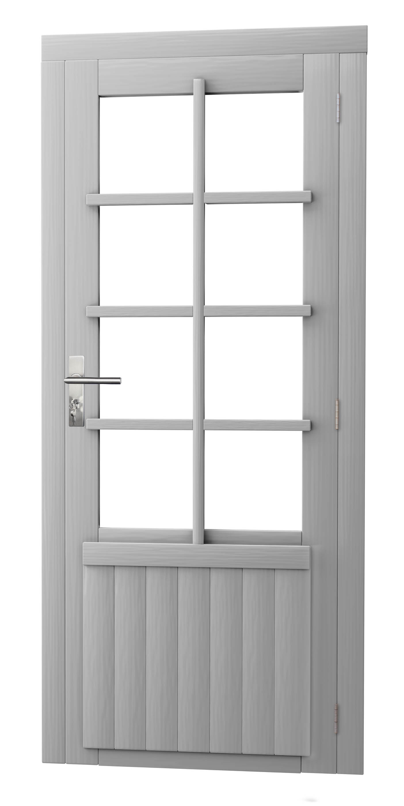 Vuren enkele 8-ruits deur inclusief kozijn, rechtsdraaiend, 90 x 201 cm, lichtgrijs gespoten.