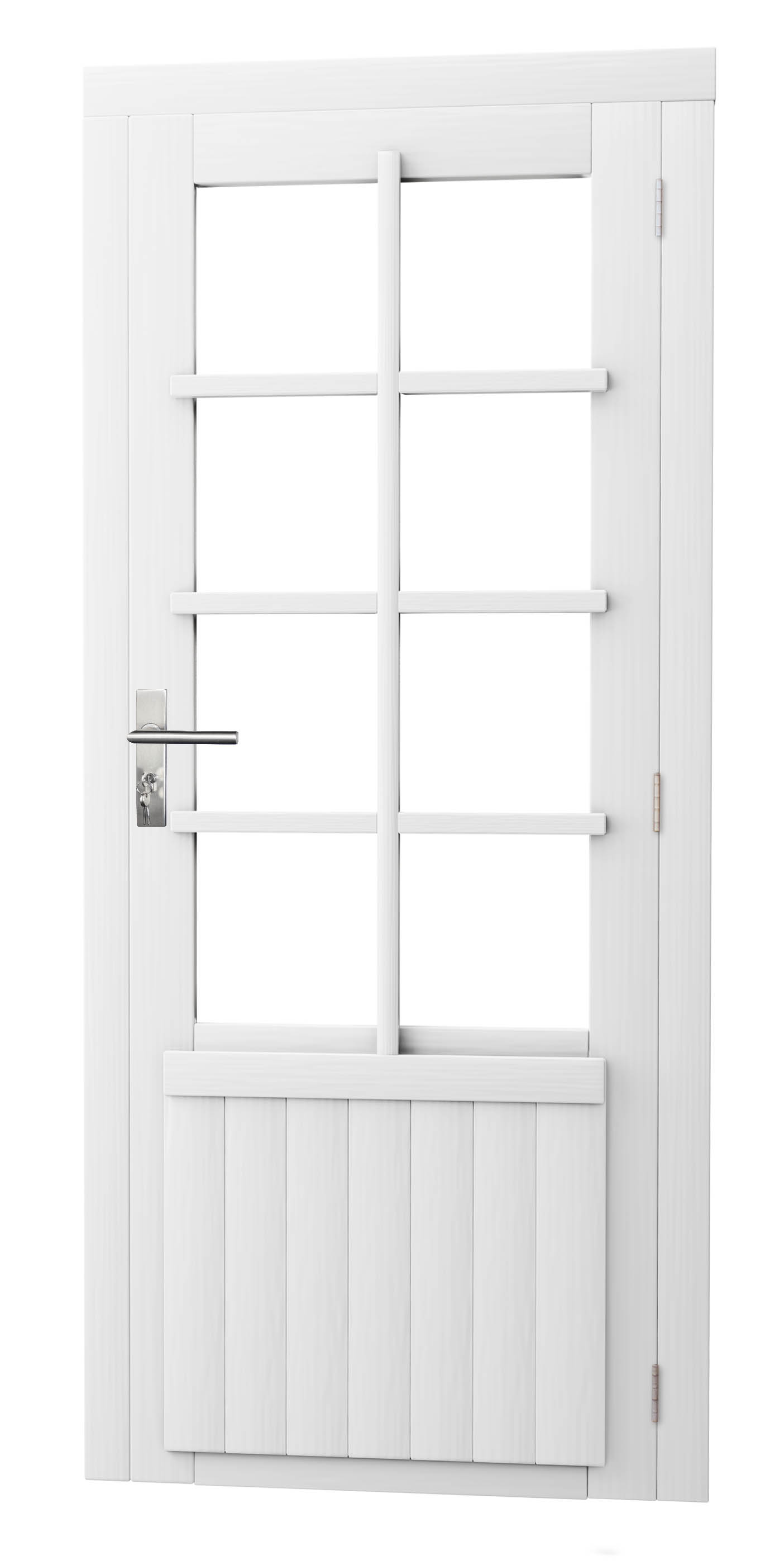 Vuren enkele 8-ruits deur inclusief kozijn, rechtsdraaiend, 90 x 201 cm, wit gespoten.