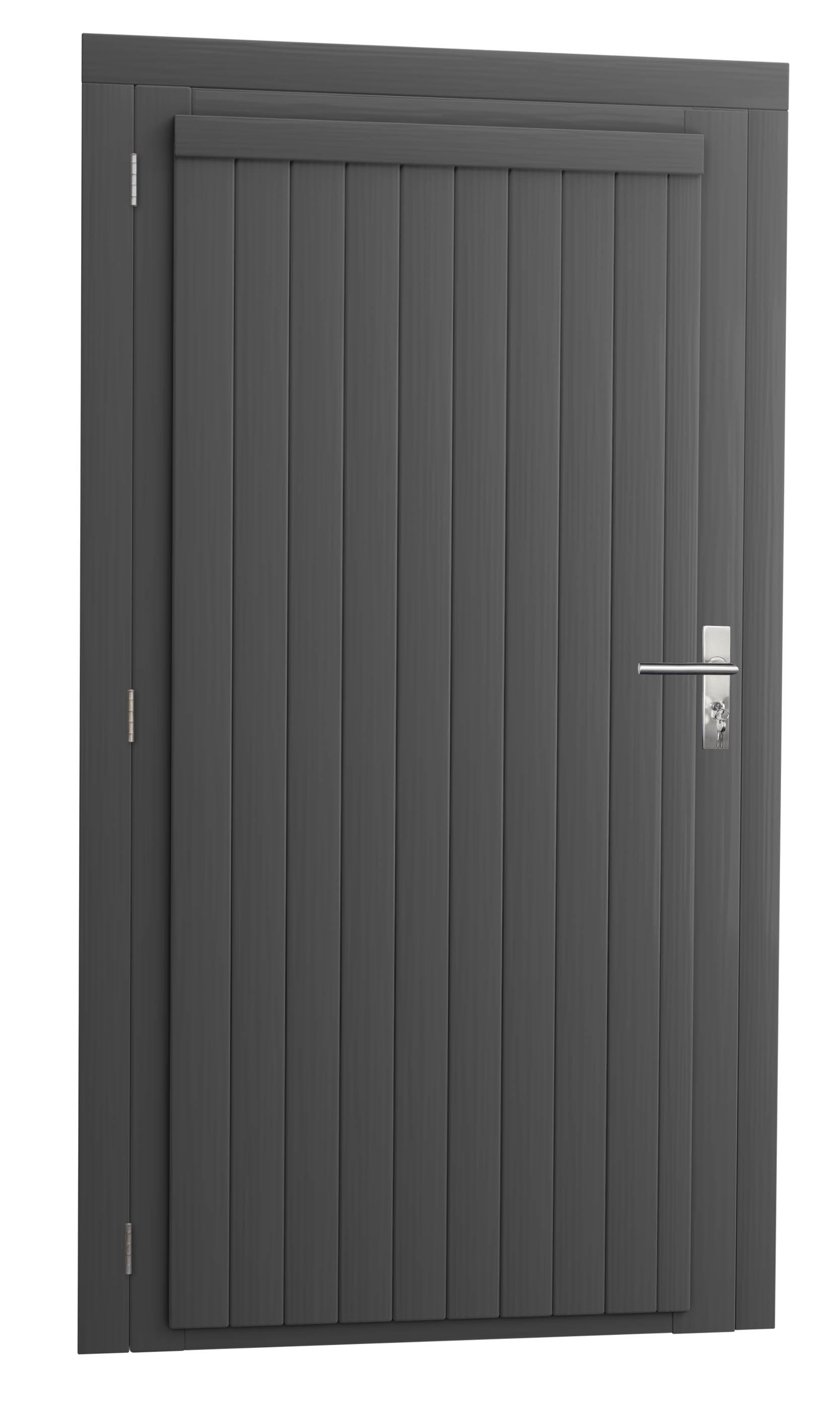 Vuren enkele dichte deur extra breed inclusief kozijn, linksdraaiend, 112 x 201 cm, antraciet gespoten.