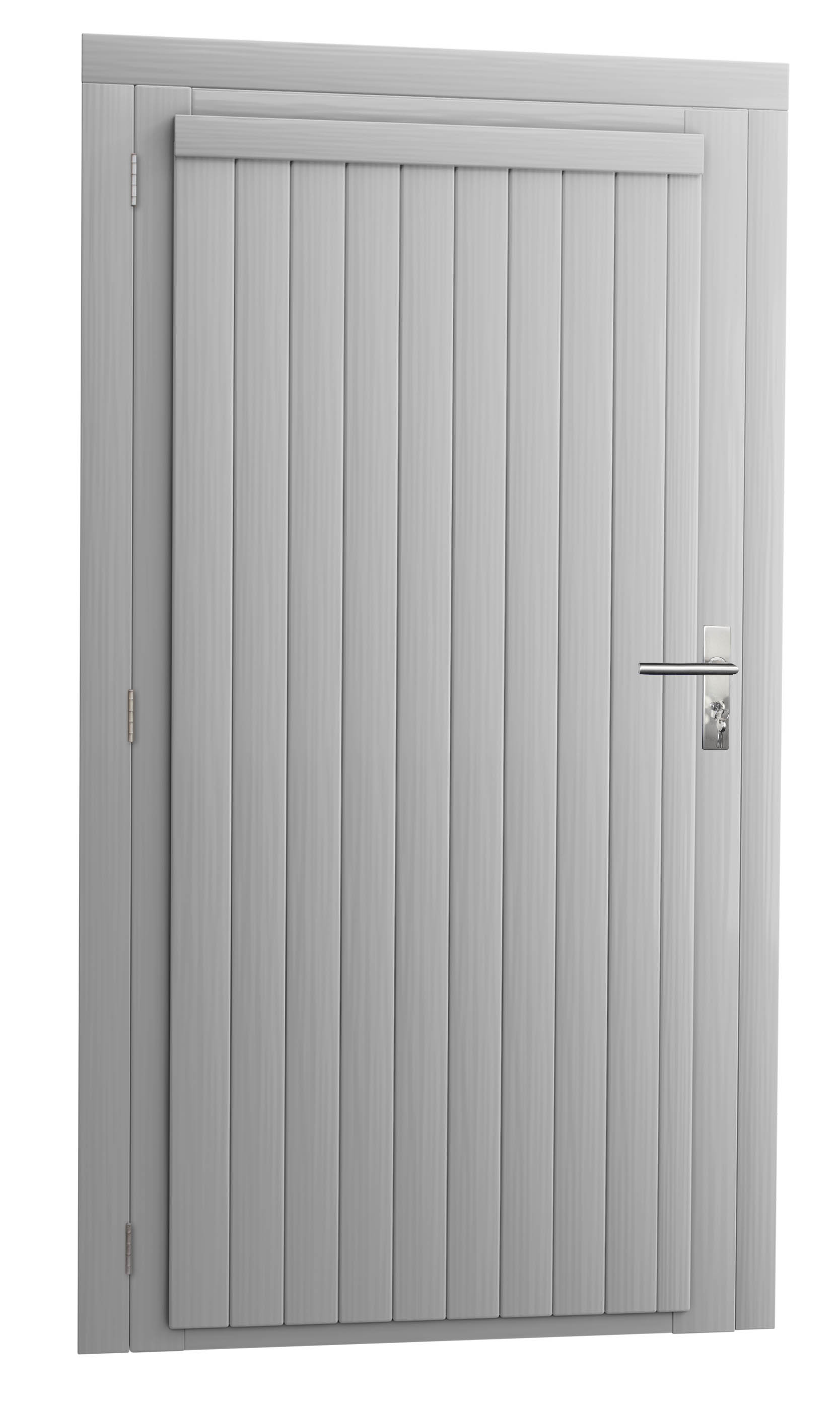 Vuren enkele dichte deur extra breed inclusief kozijn, linksdraaiend, 112 x 201 cm, lichtgrijs gespoten.