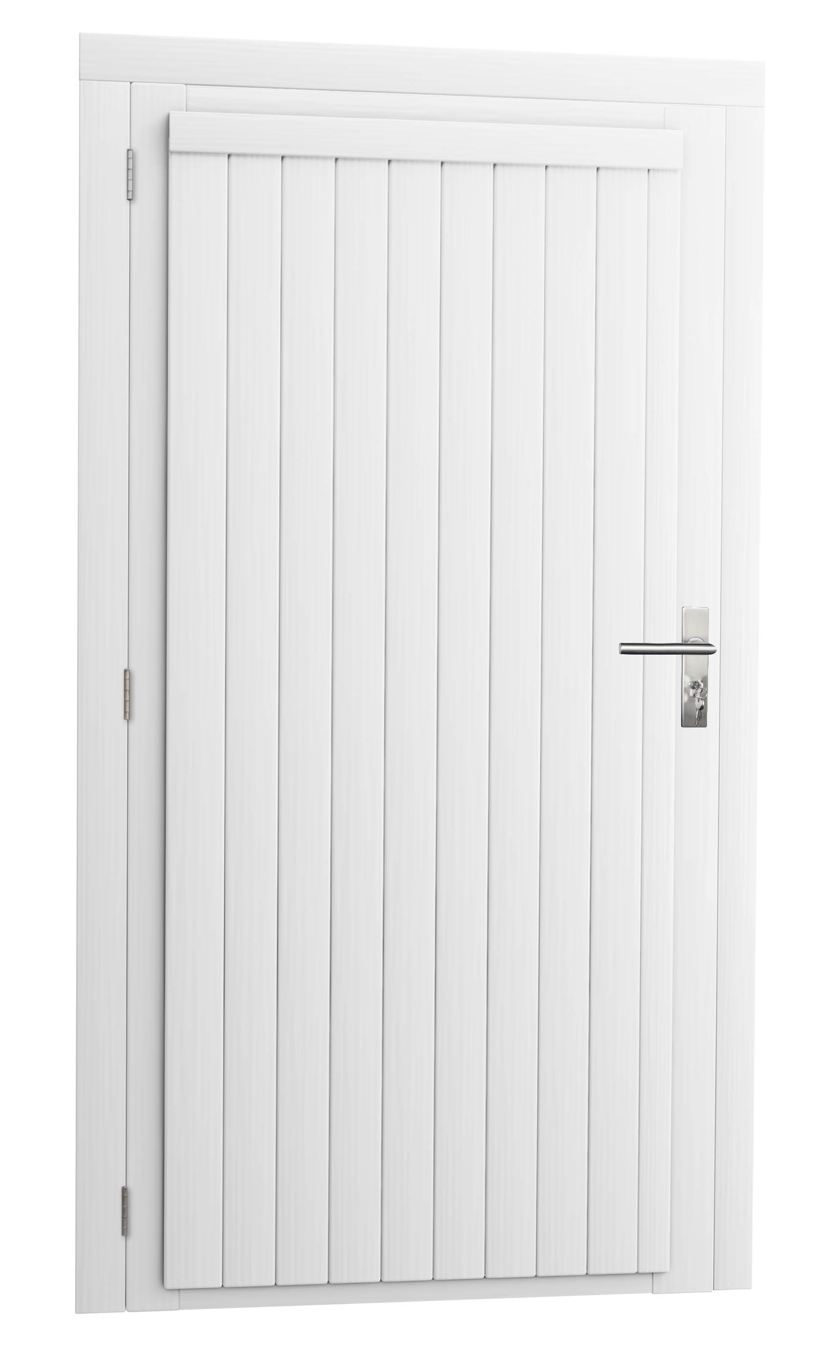 Vuren enkele dichte deur extra breed inclusief kozijn, linksdraaiend, 112 x 201 cm, wit gespoten.