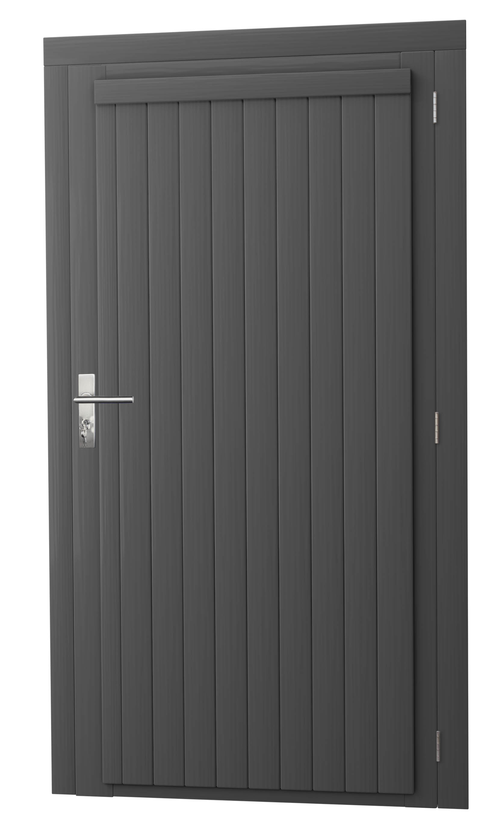 Vuren enkele dichte deur extra breed inclusief kozijn, rechtsdraaiend, 112 x 201 cm, antraciet gespoten.