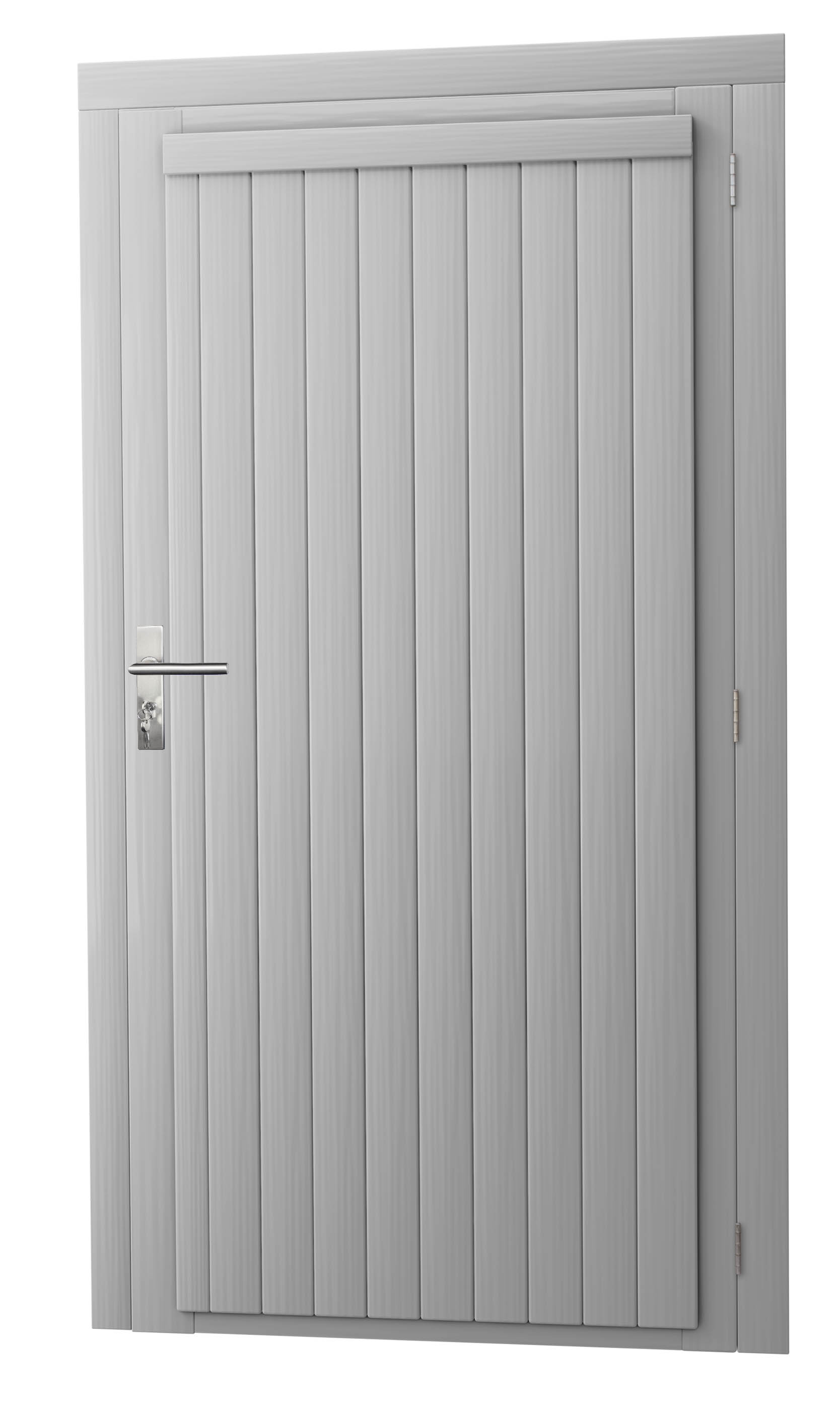 Vuren enkele dichte deur extra breed inclusief kozijn, rechtsdraaiend, 112 x 201 cm, lichtgrijs gespoten.