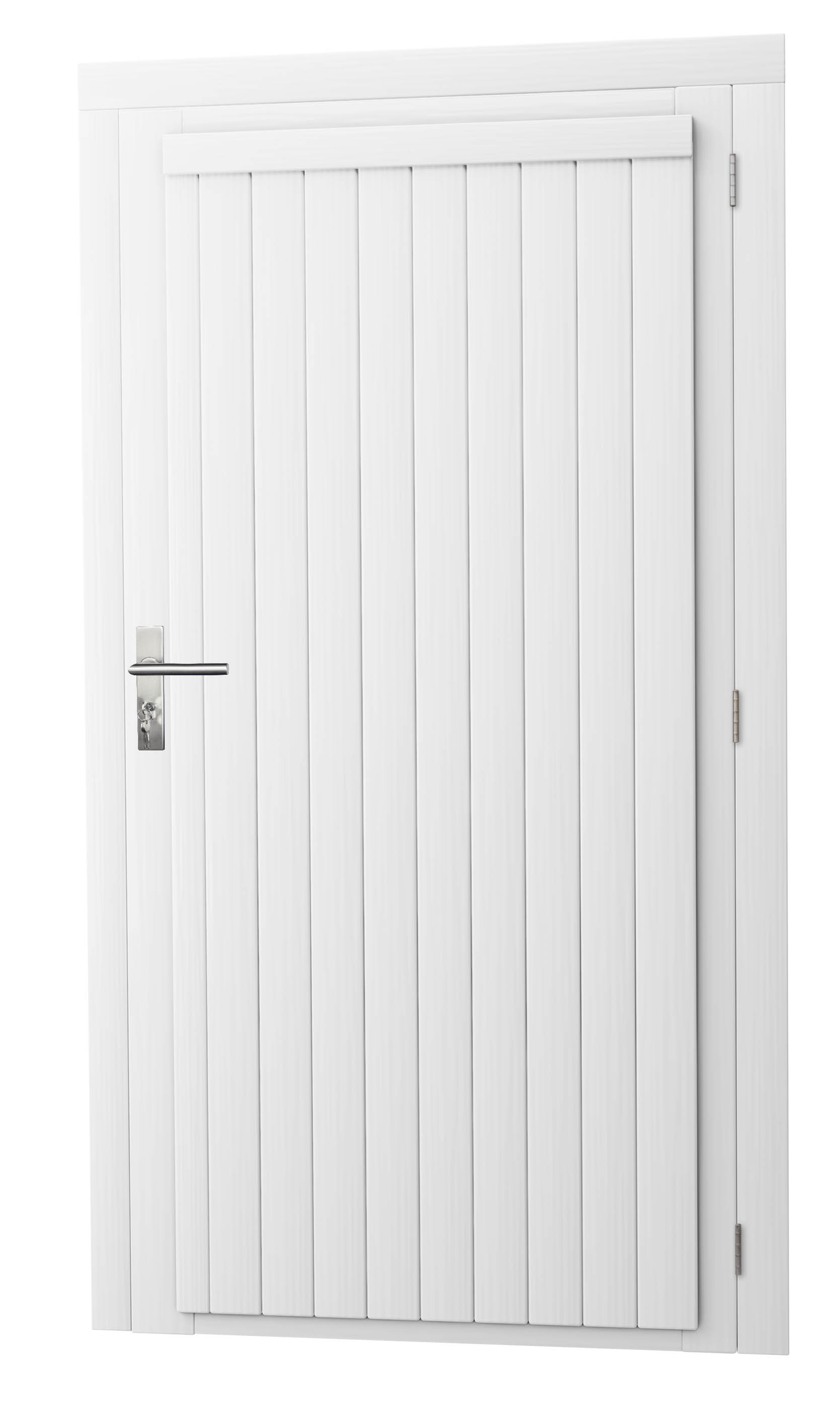 Vuren enkele dichte deur extra breed inclusief kozijn, rechtsdraaiend, 112 x 201 cm, wit gespoten.