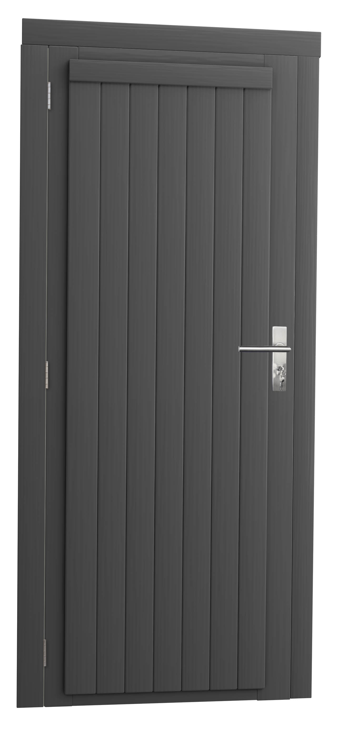 Vuren enkele dichte deur inclusief kozijn, linksdraaiend, 90 x 201 cm, antraciet gespoten.