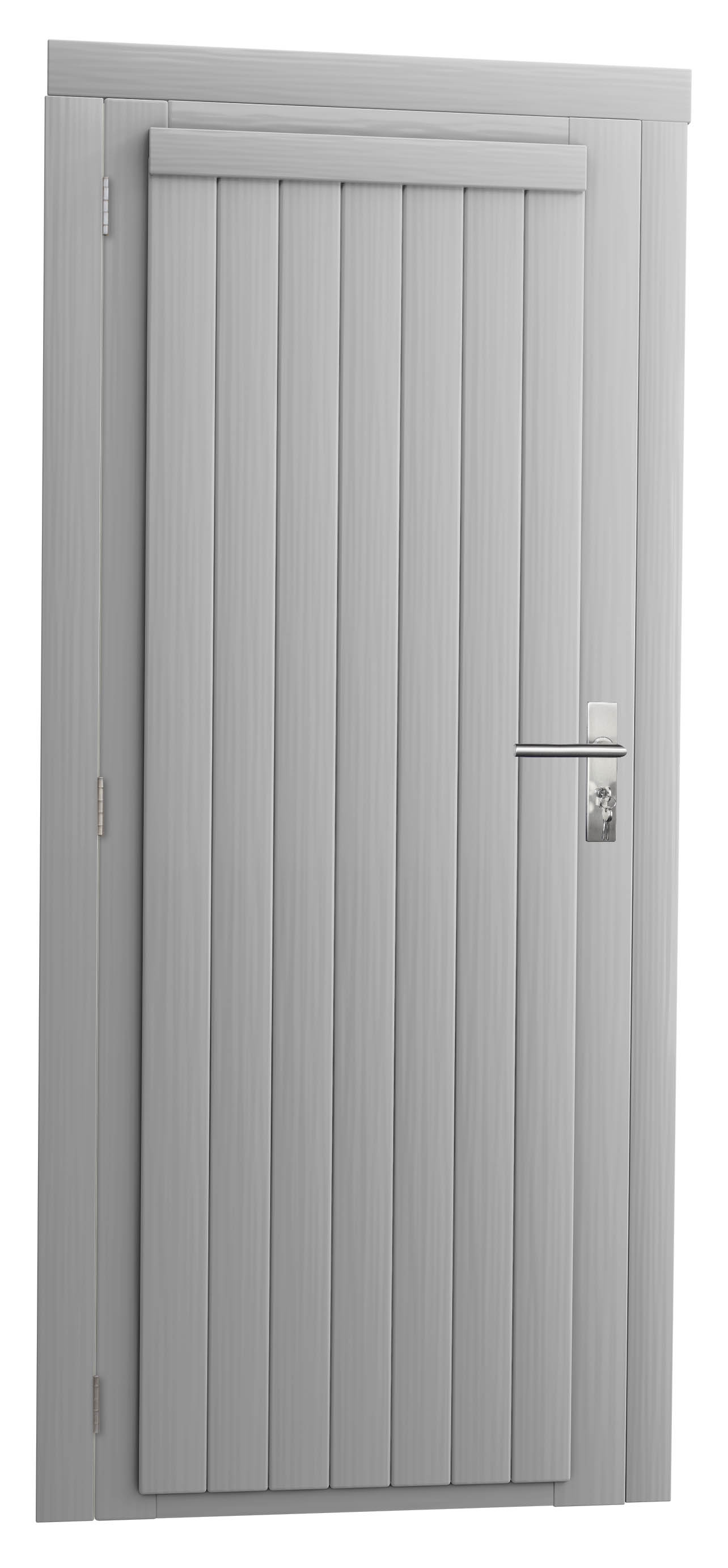 Vuren enkele dichte deur inclusief kozijn, linksdraaiend, 90 x 201 cm, lichtgrijs gespoten.