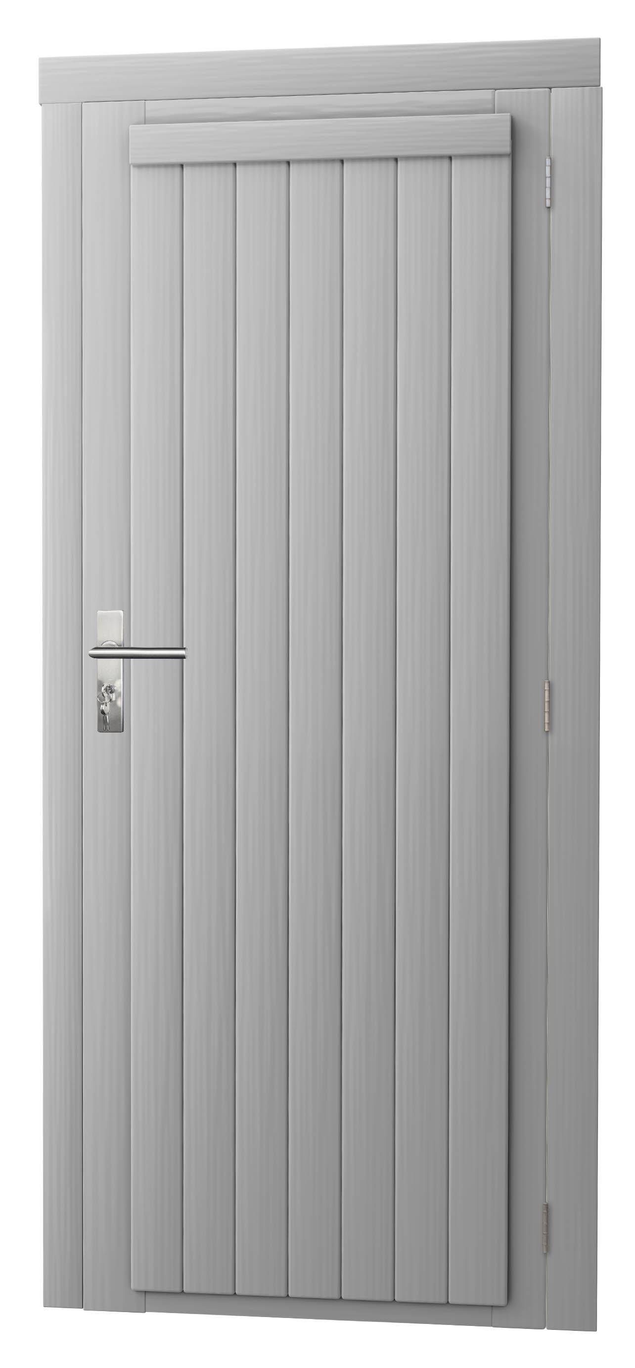 Vuren enkele dichte deur inclusief kozijn, rechtsdraaiend, 90 x 201 cm, lichtgrijs gespoten.