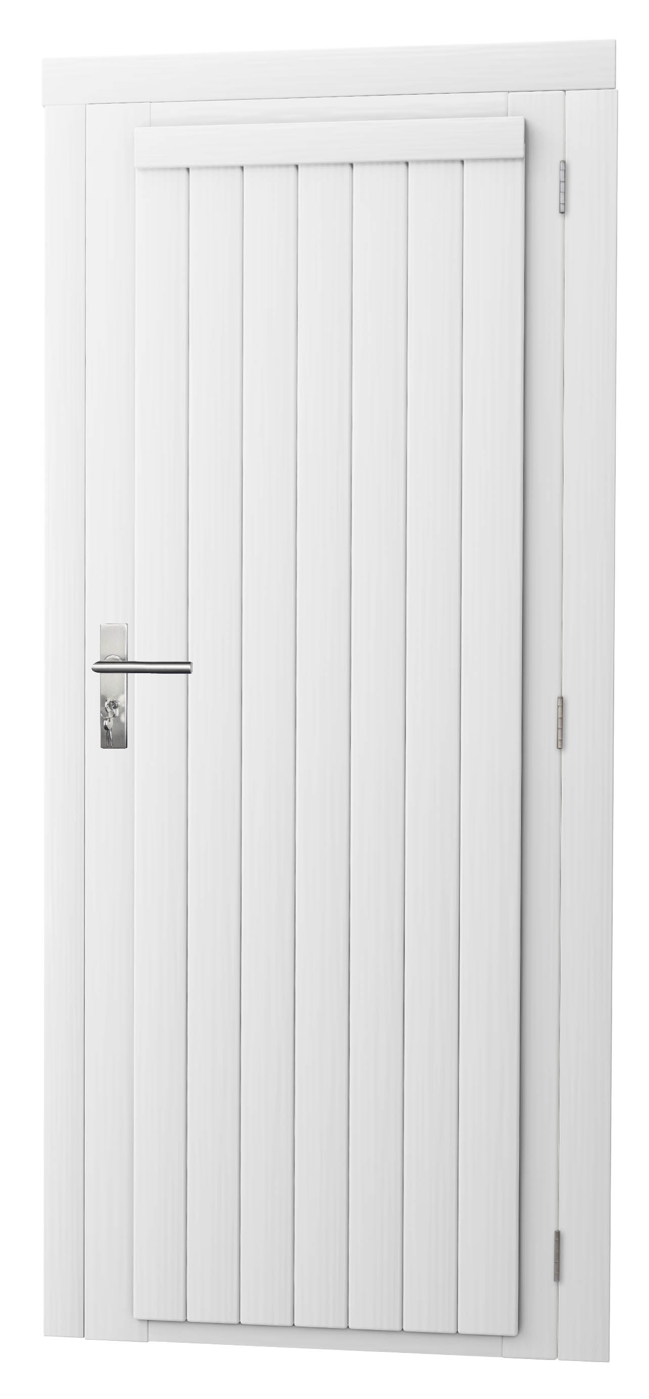 Vuren enkele dichte deur inclusief kozijn, rechtsdraaiend, 90 x 201 cm, wit gespoten.