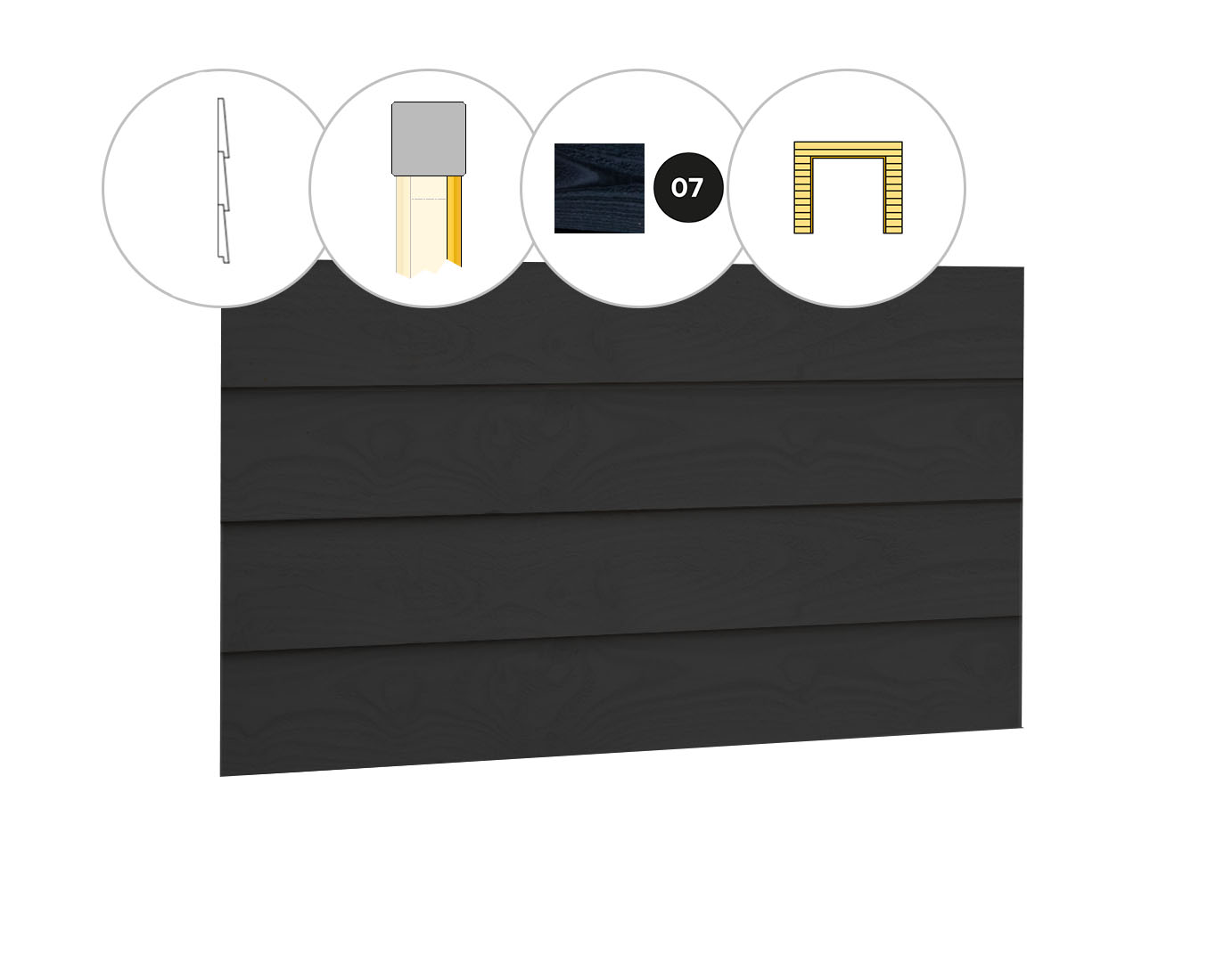 Zweeds rabat plankenset vuren bij voorwand C, t.b.v. dubbele deur, 278,5 x 285 cm, zwart gespoten.