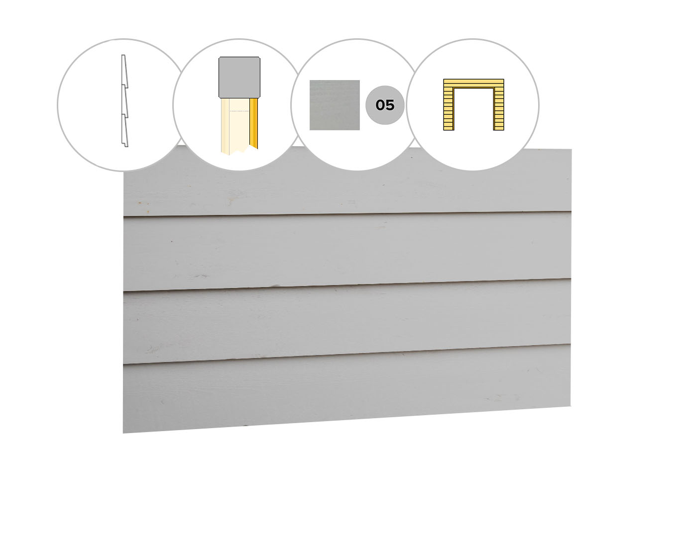 Zweeds rabat plankenset vuren bij wand E, t.b.v. dubbele deur, 371 x 224 cm, lichtgrijs gespoten.