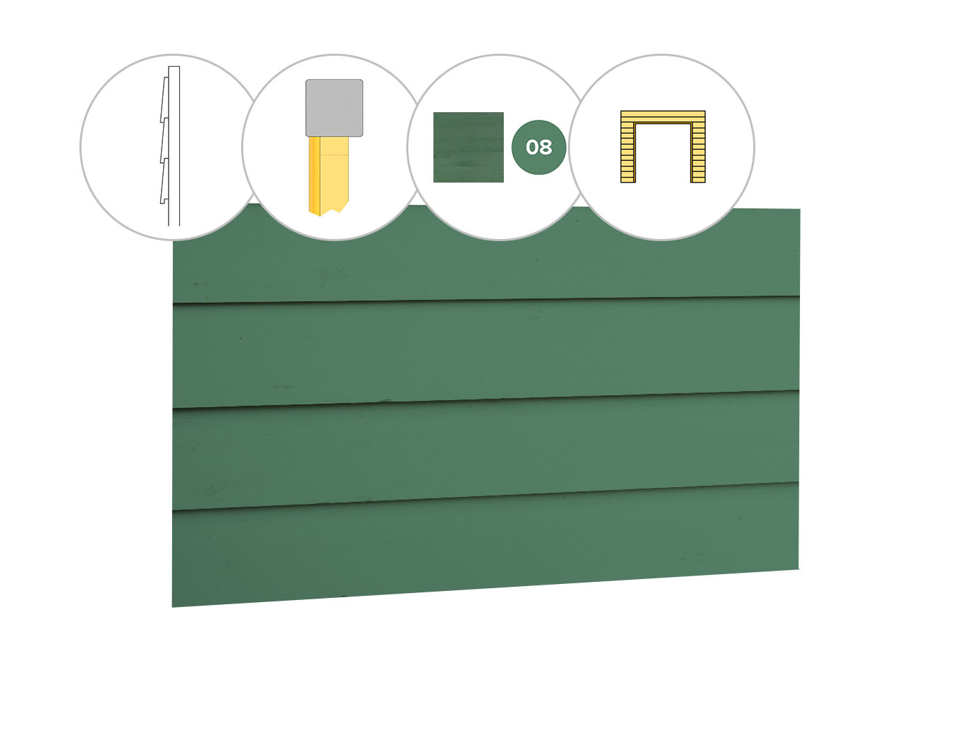 Zweeds rabat vuren enkelzijdige voorwand B, t.b.v. dubbele deur, 228,5 x 285 cm, jungle groen gespoten.