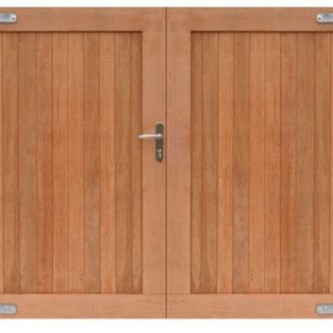 Hardhouten dubbele toegangspoort, verticaal, 300x180 cm incl. beslag.