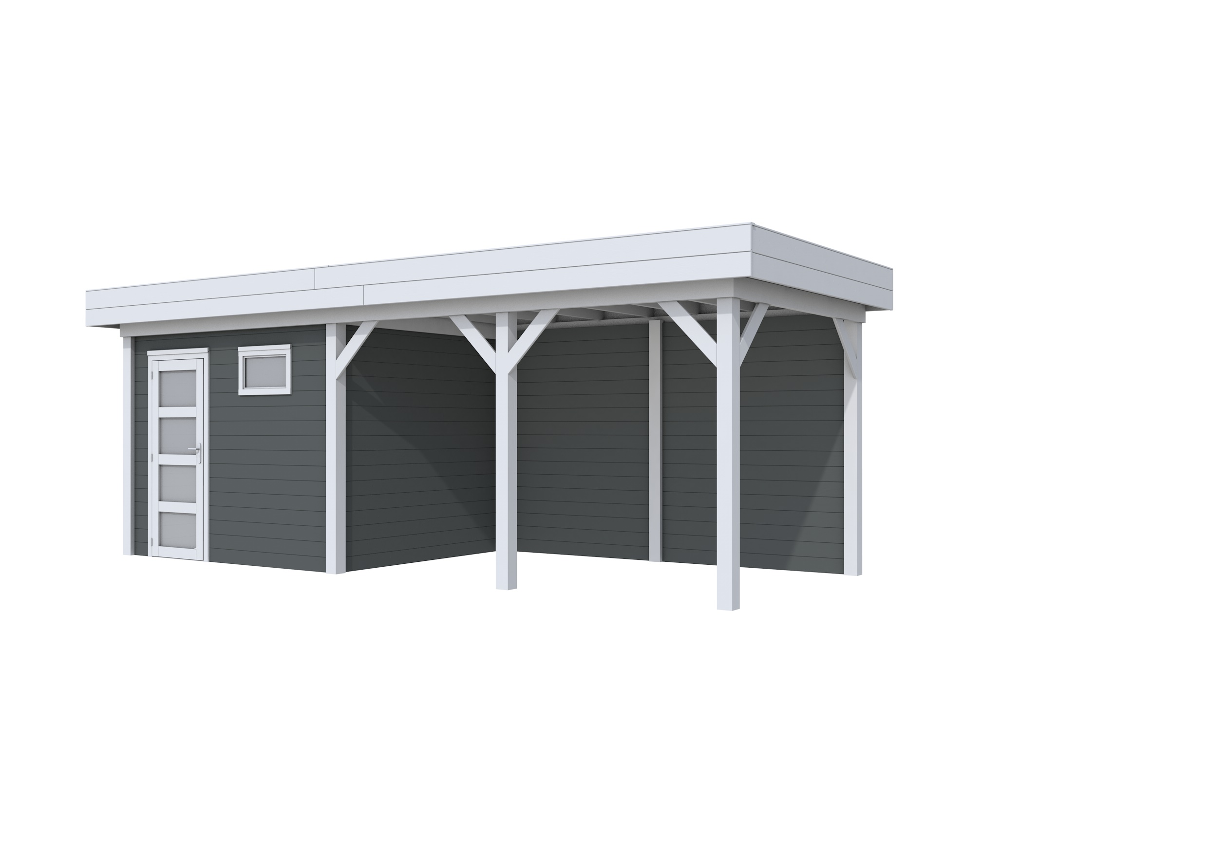 Vuren Topvision Bonte Kraai, 300 x 250 en luifel 400 cm, wanden antraciet en basis lichtgrijs.