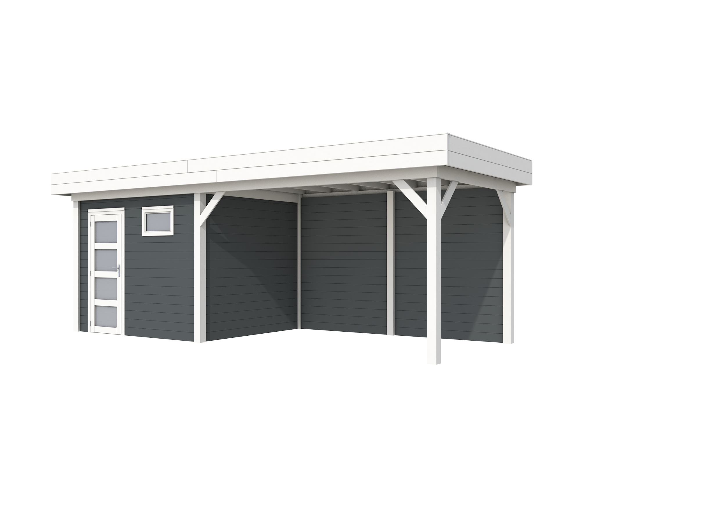 Vuren Topvision Bonte Kraai, 300 x 250 en luifel 400 cm, wanden antraciet en basis wit.