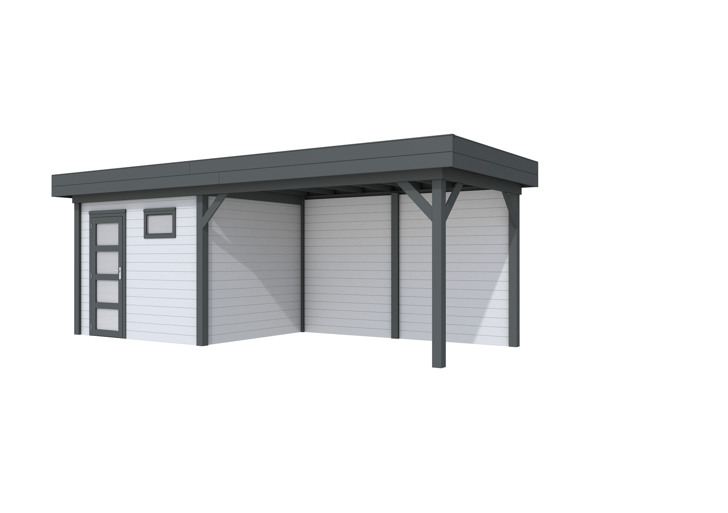 Vuren Topvision Bonte Kraai, 300 x 250 en luifel 400 cm, wanden lichtgrijs en basis antraciet.