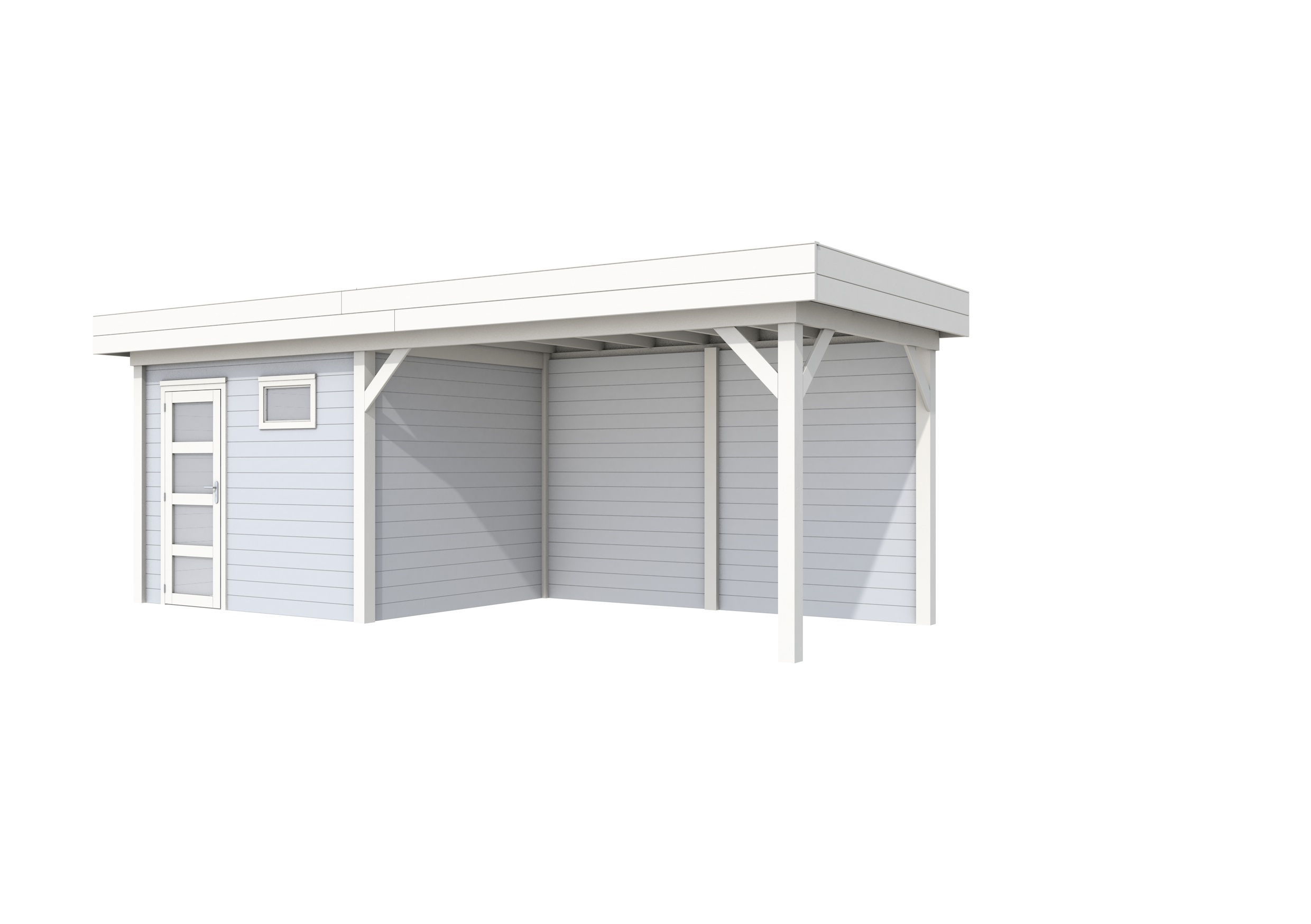 Vuren Topvision Bonte Kraai, 300 x 250 en luifel 400 cm, wanden lichtgrijs en basis wit.