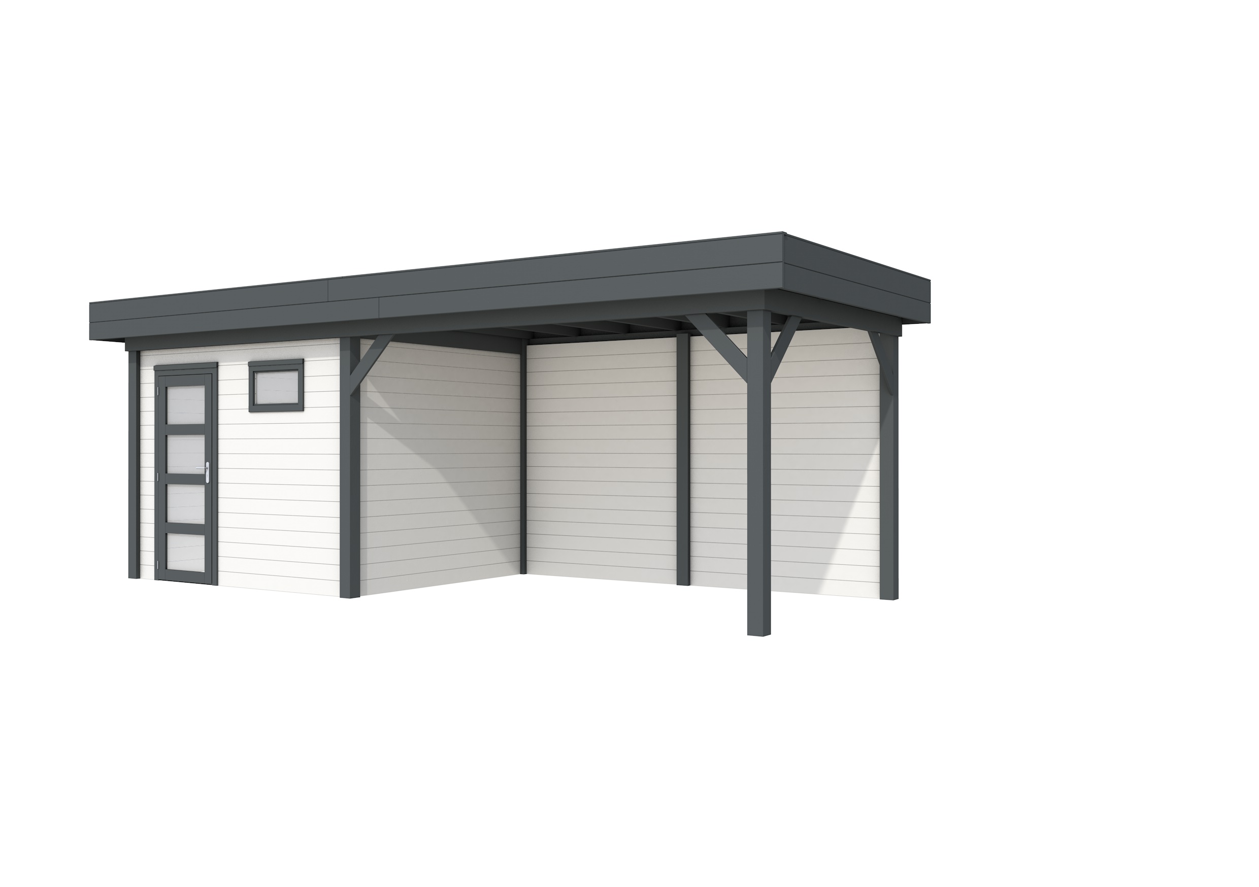 Vuren Topvision Bonte Kraai, 300 x 250 en luifel 400 cm, wanden wit en basis antraciet.