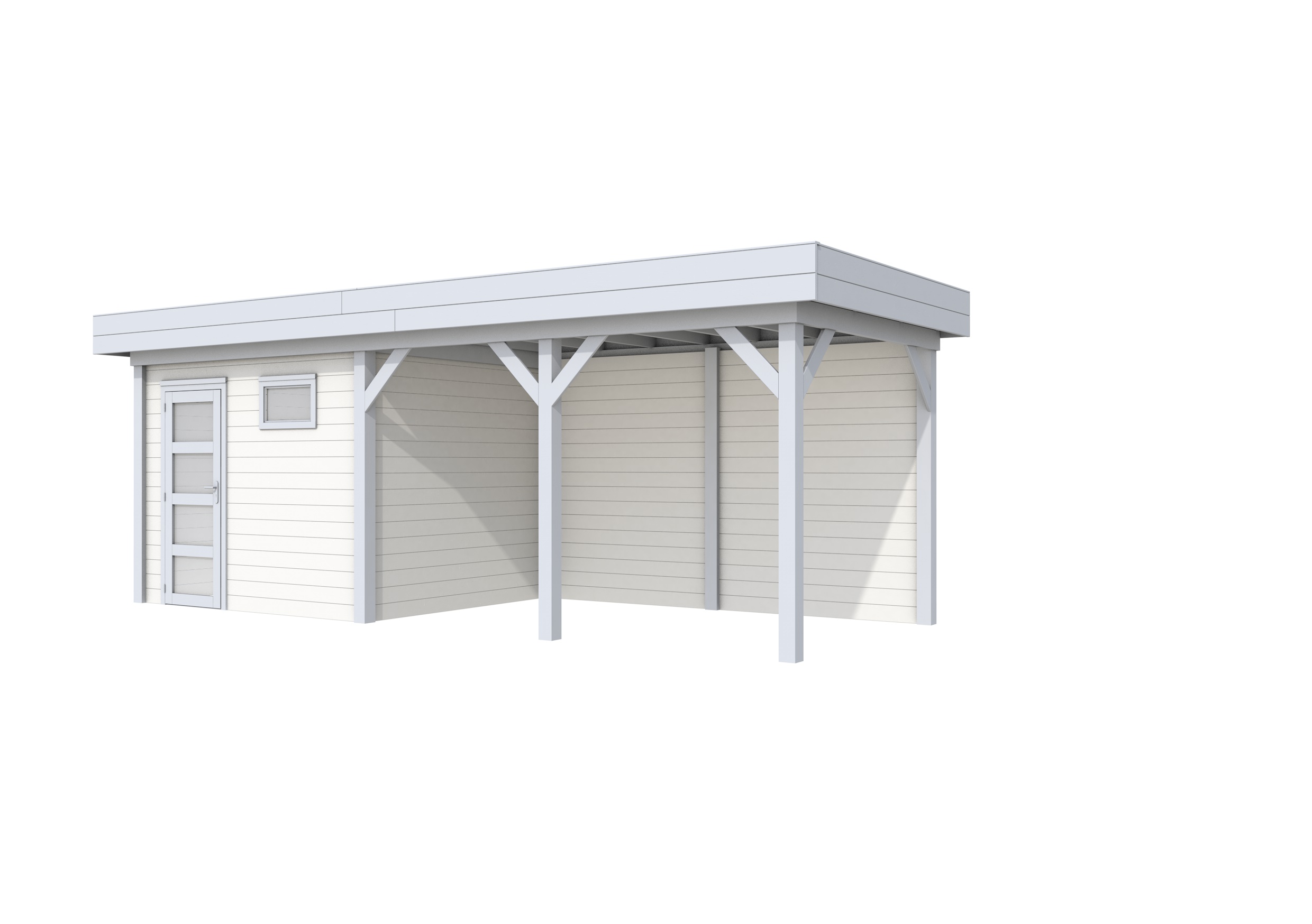 Vuren Topvision Bonte Kraai, 300 x 250 en luifel 400 cm, wanden wit en basis lichtgrijs.