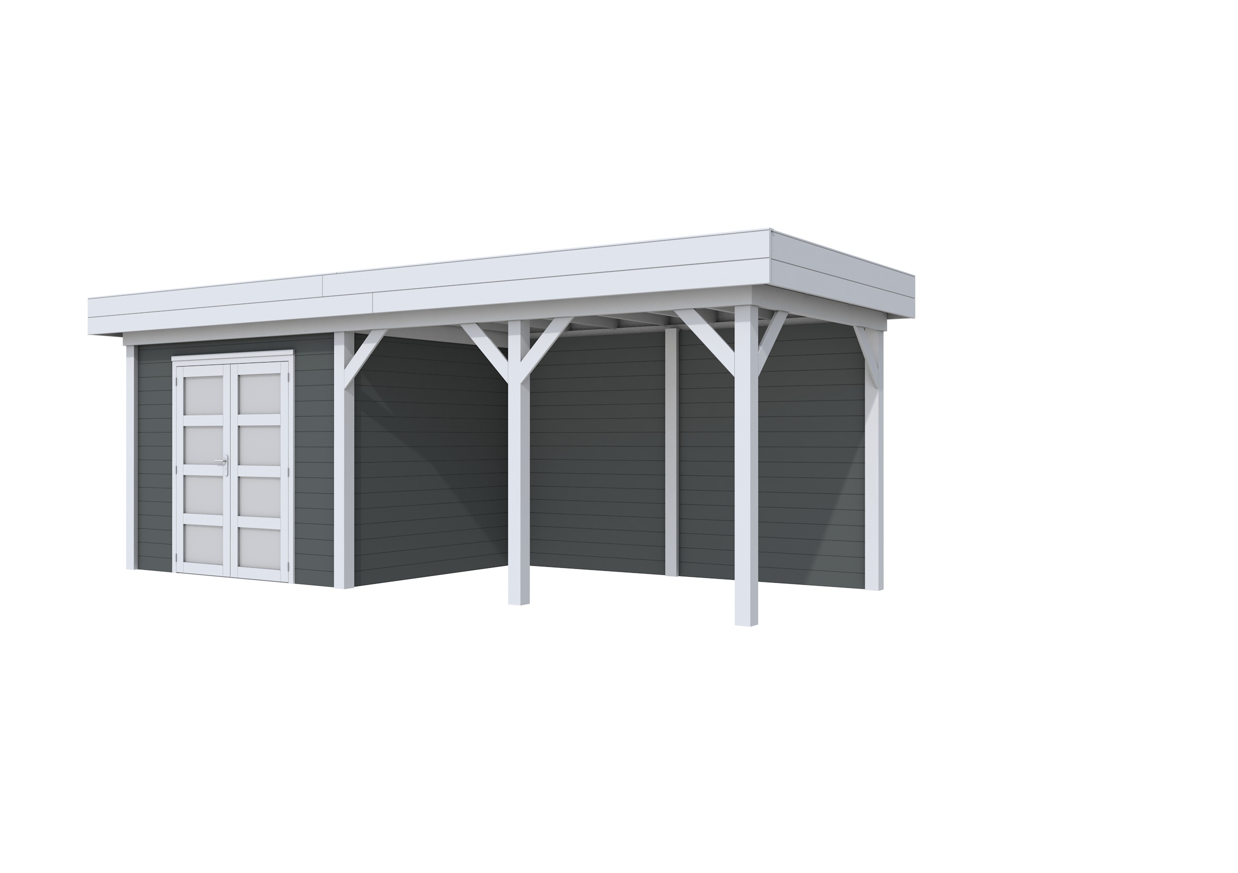 Vuren Topvision Bonte Specht, 300 x 250 en luifel 400 cm, wanden antraciet en basis lichtgrijs.