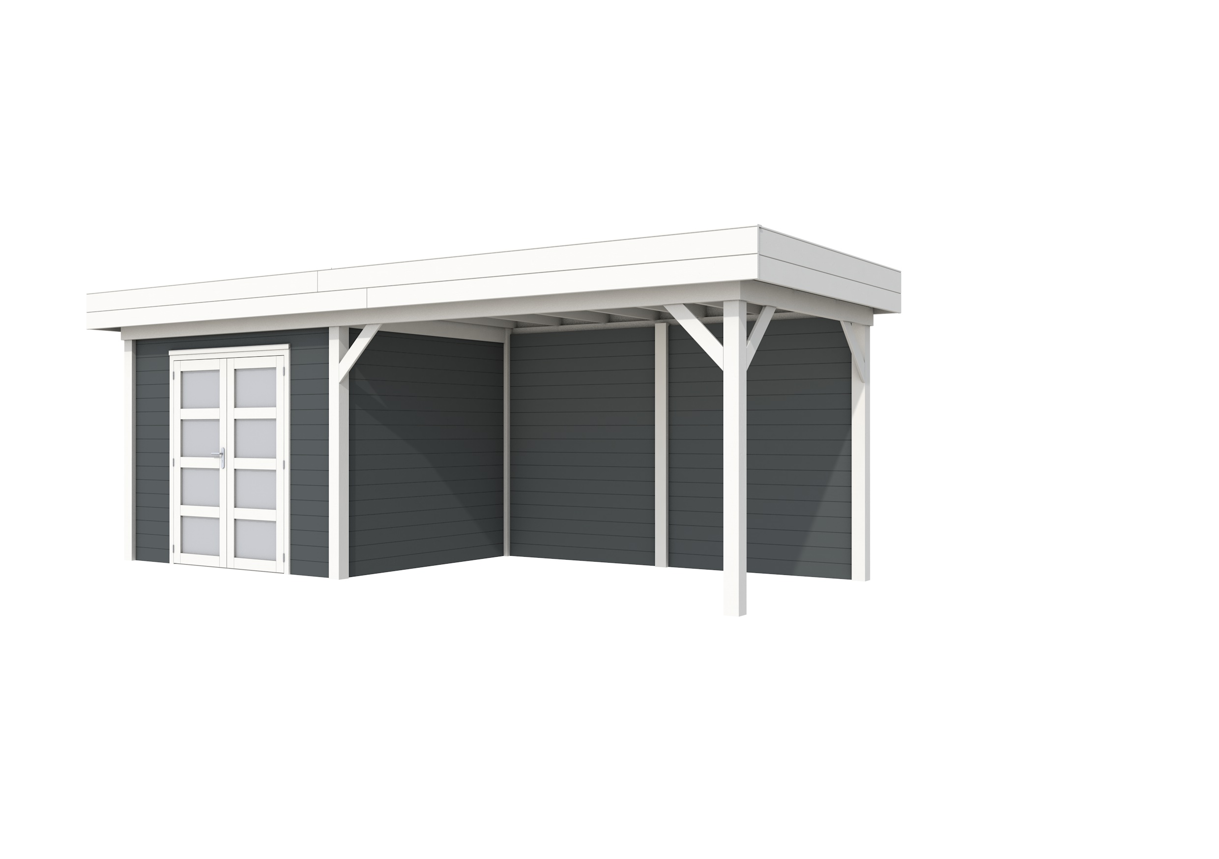 Vuren Topvision Bonte Specht, 300 x 250 en luifel 400 cm, wanden antraciet en basis wit.