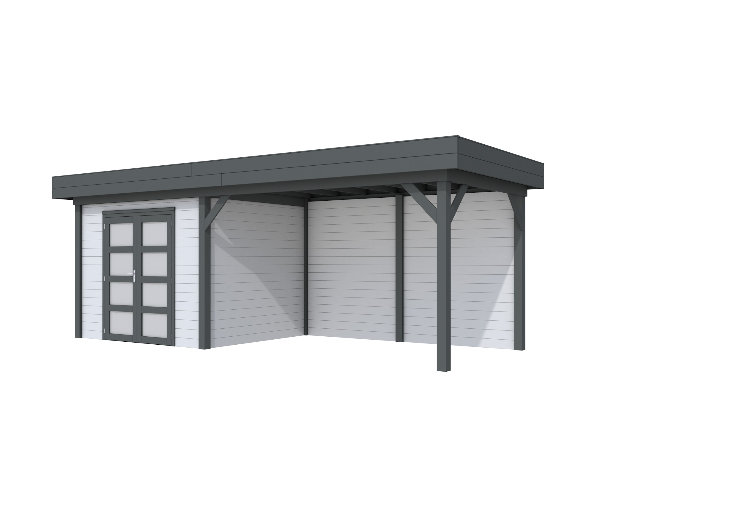 Vuren Topvision Bonte Specht, 300 x 250 en luifel 400 cm, wanden lichtgrijs en basis antraciet.