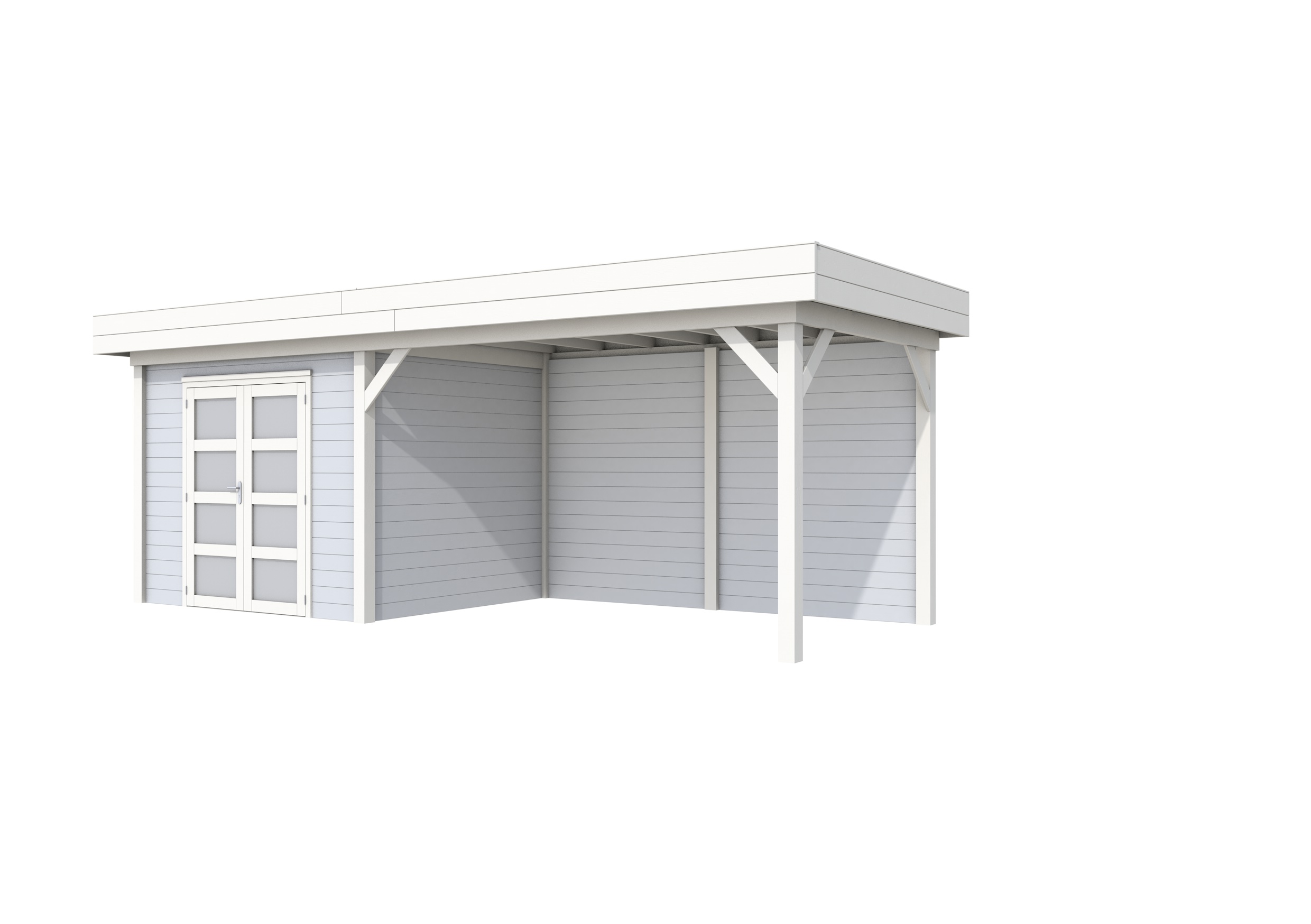 Vuren Topvision Bonte Specht, 300 x 250 en luifel 400 cm, wanden lichtgrijs en basis wit.