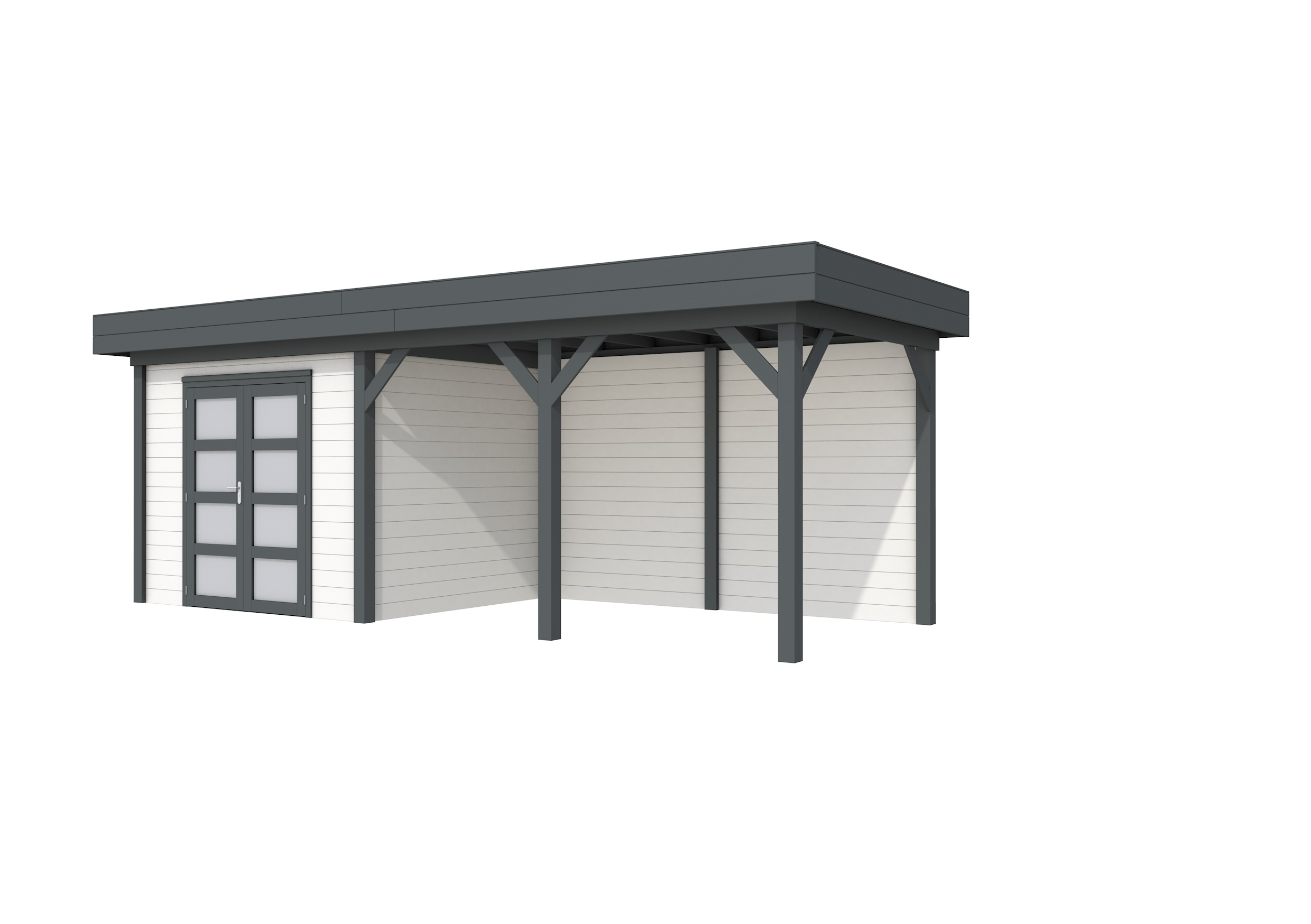 Vuren Topvision Bonte Specht, 300 x 250 en luifel 400 cm, wanden wit en basis antraciet.