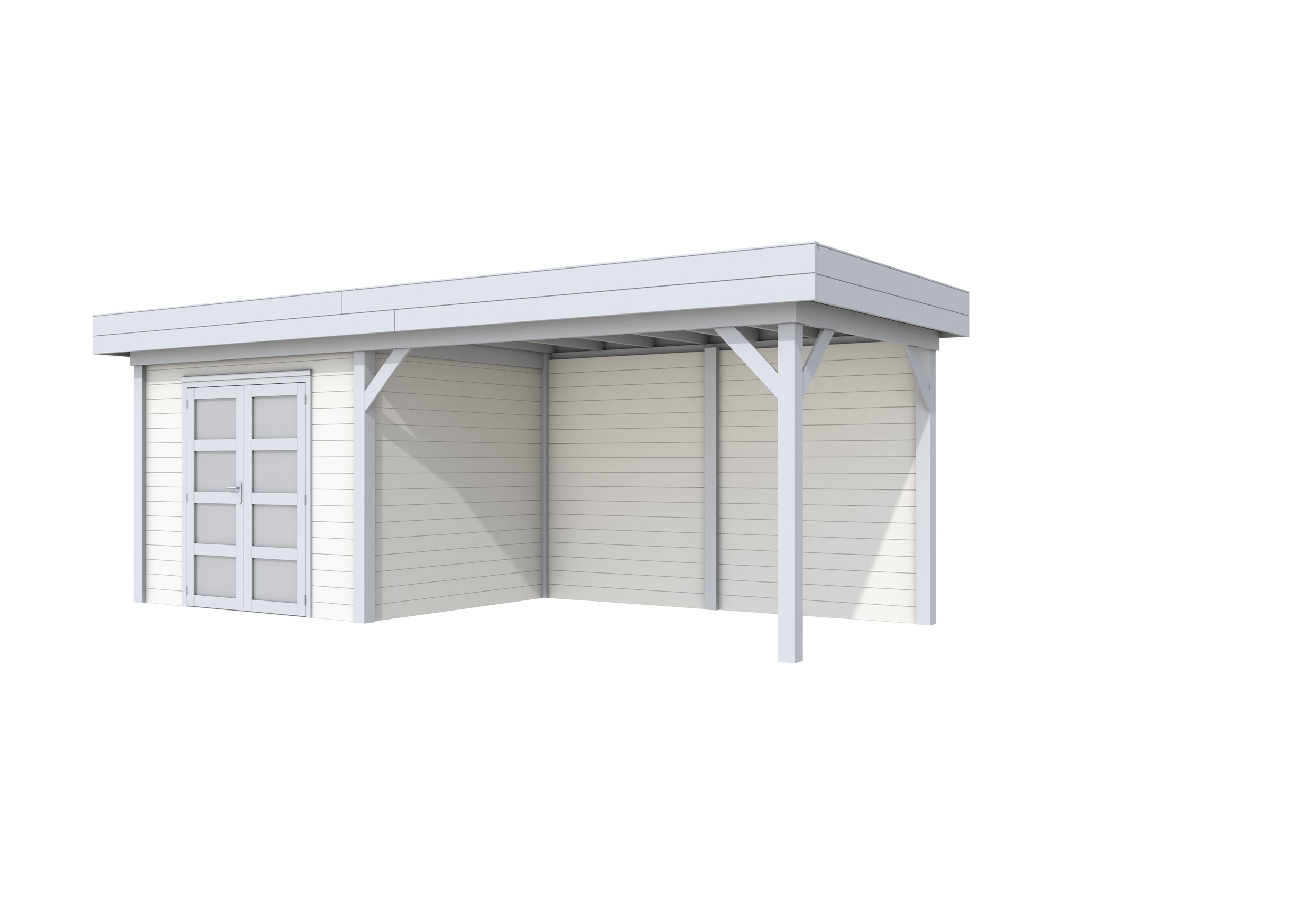 Vuren Topvision Bonte Specht, 300 x 250 en luifel 400 cm, wanden wit en basis lichtgrijs.