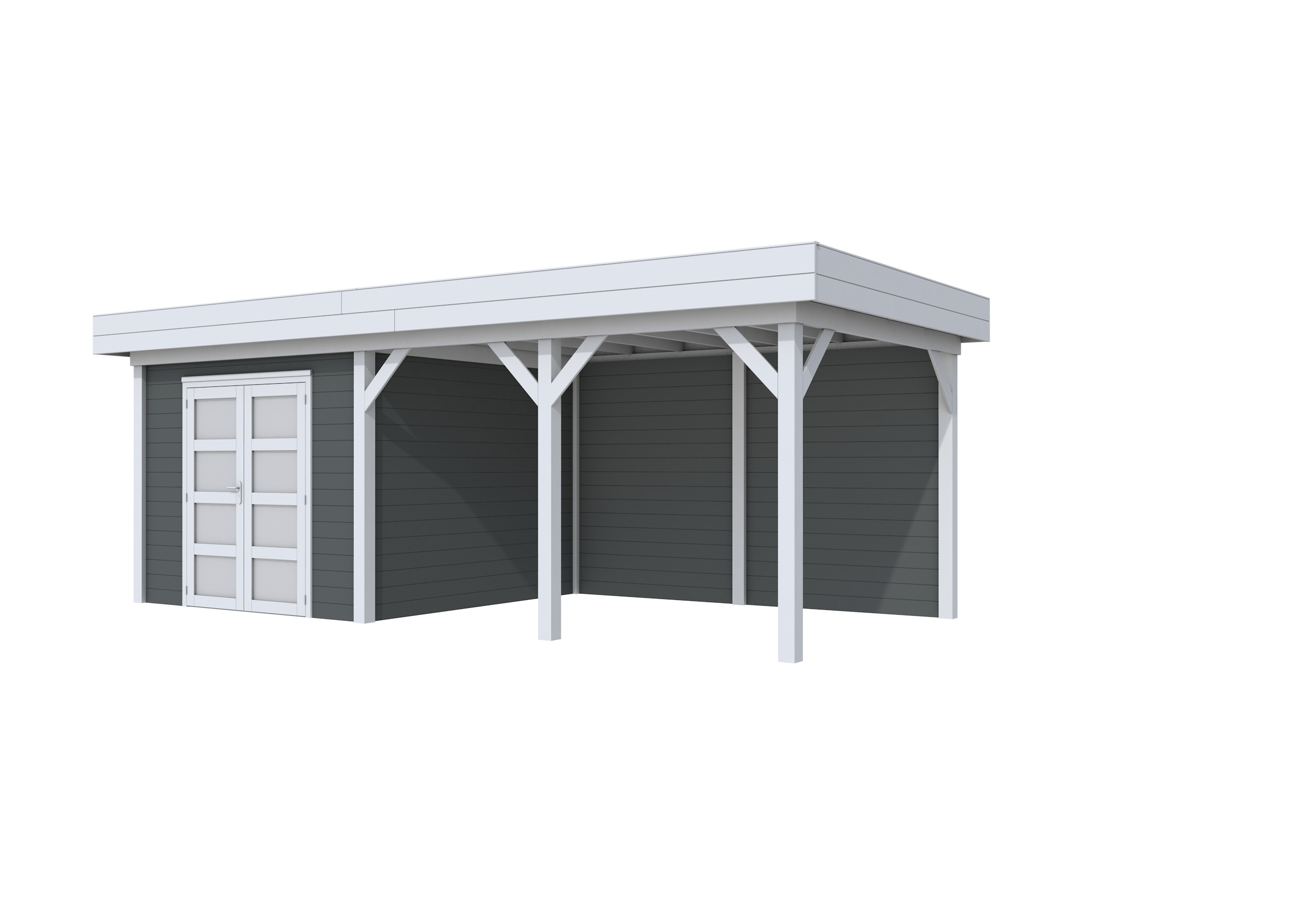 Vuren Topvision Bosuil, 300 x 300 en luifel 400 cm, wanden antraciet en basis lichtgrijs.