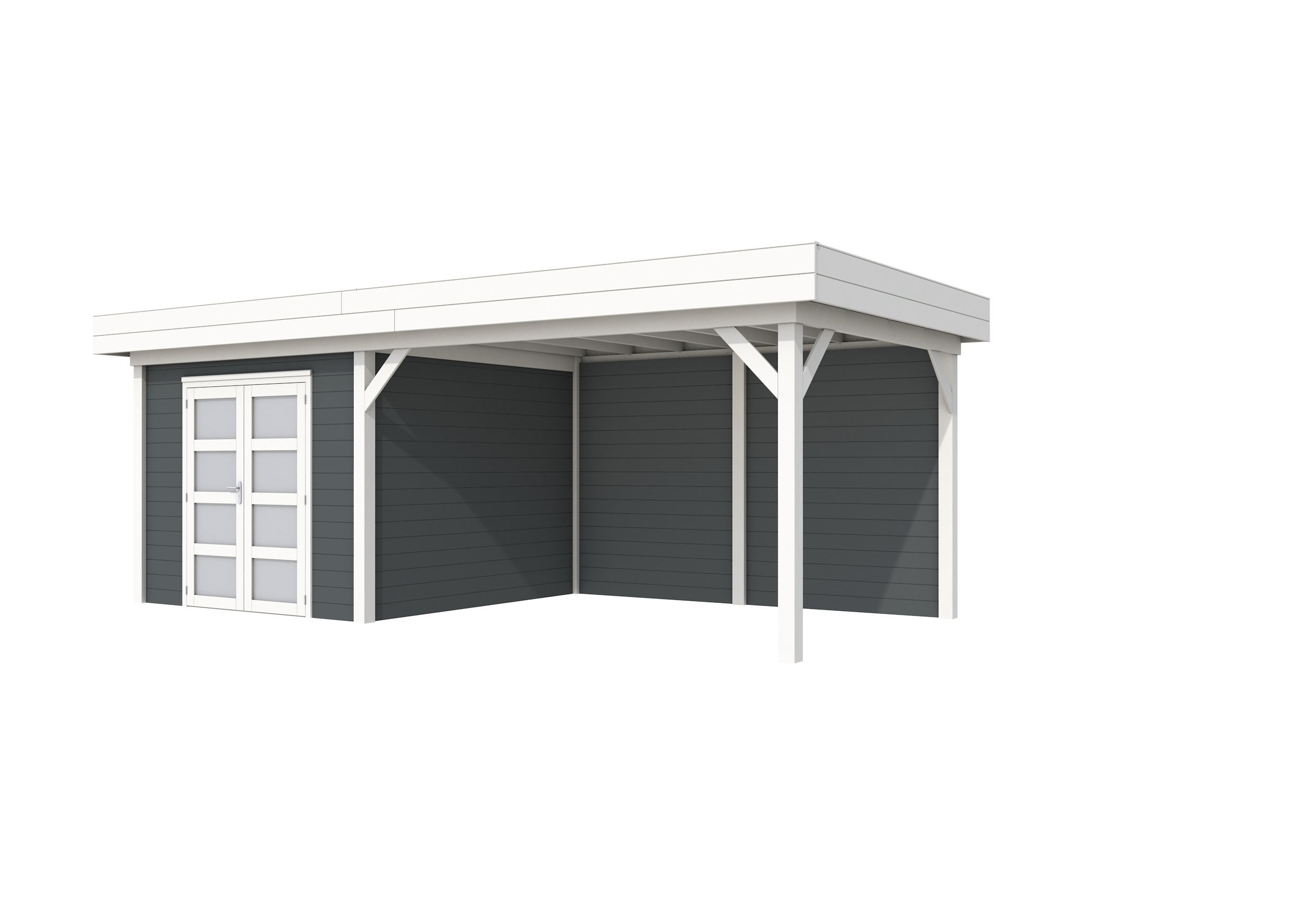 Vuren Topvision Bosuil, 300 x 300 en luifel 400 cm, wanden antraciet en basis wit.