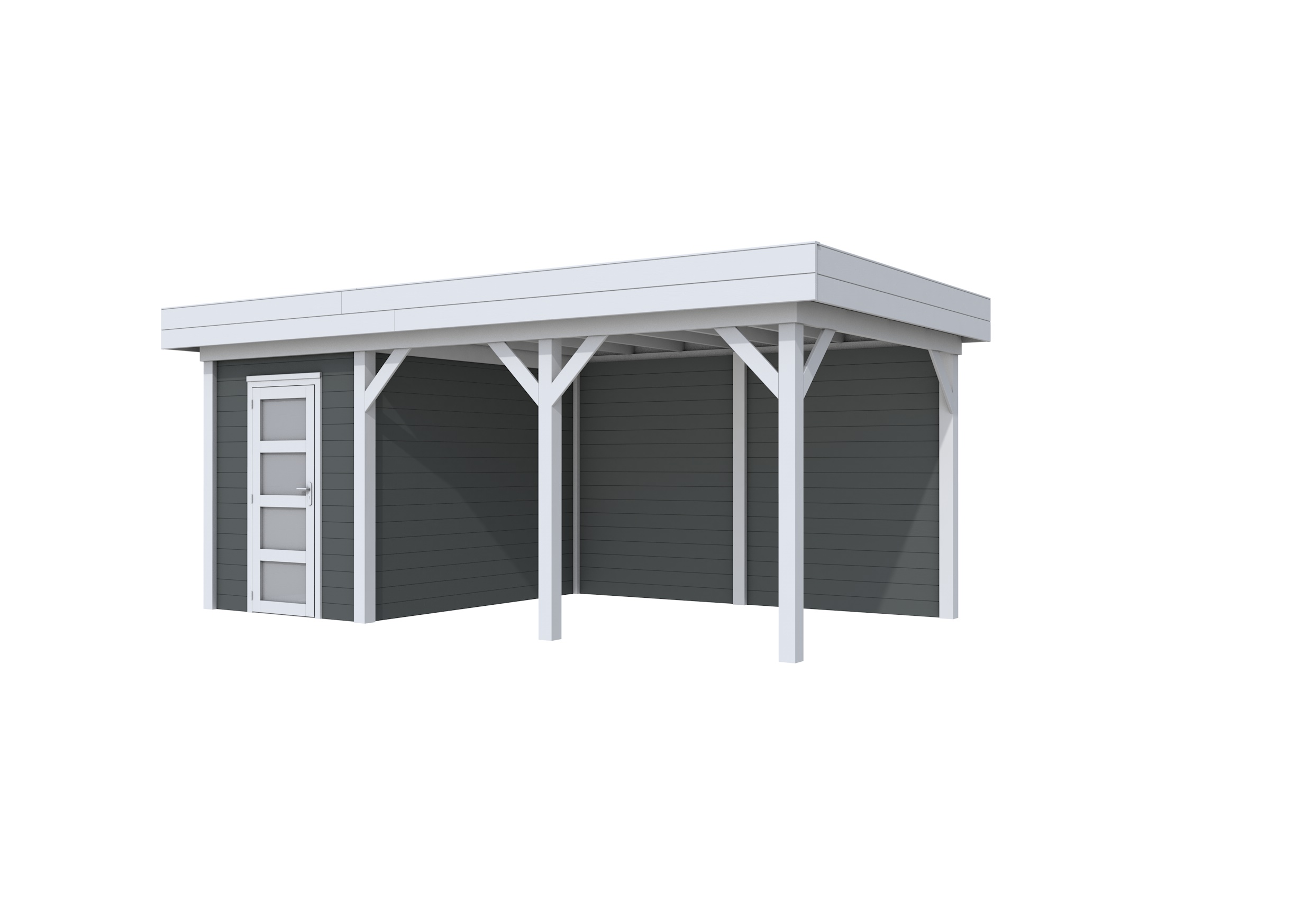 Vuren Topvision Kiekendief, 200 x 300 en luifel 400 cm, wanden antraciet en basis lichtgrijs.