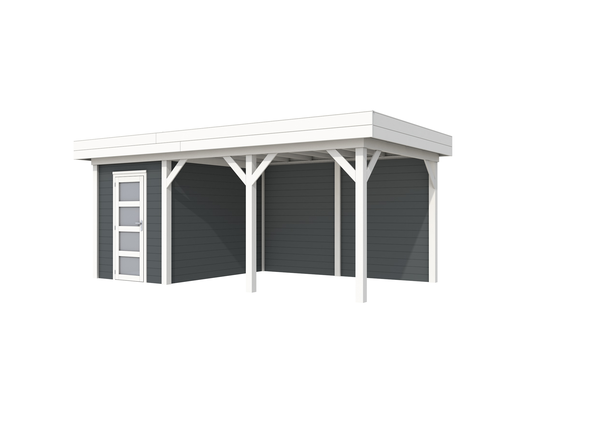 Vuren Topvision Kiekendief, 200 x 300 en luifel 400 cm, wanden antraciet en basis wit.