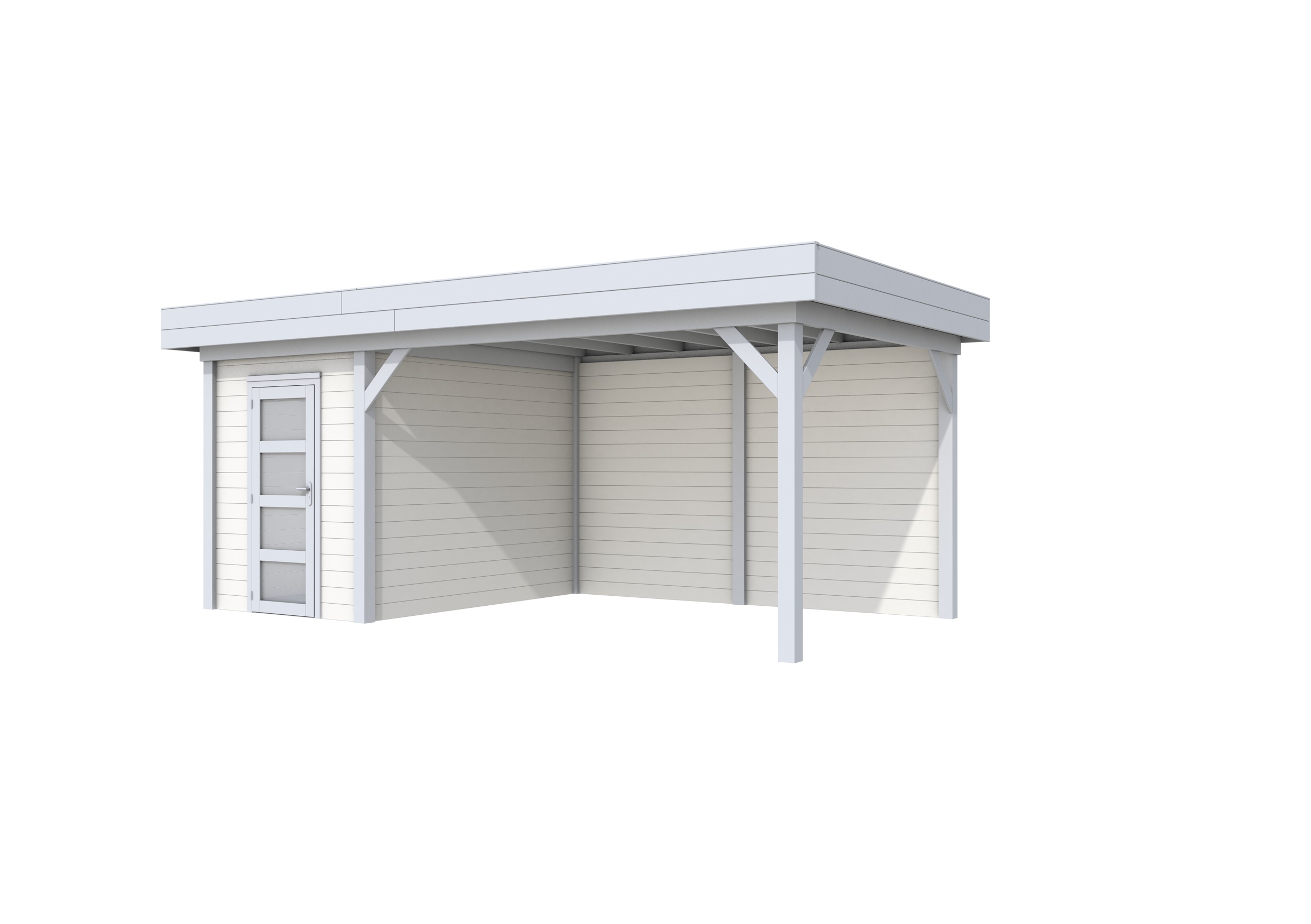 Vuren Topvision Kiekendief, 200 x 300 en luifel 400 cm, wanden wit en basis lichtgrijs.