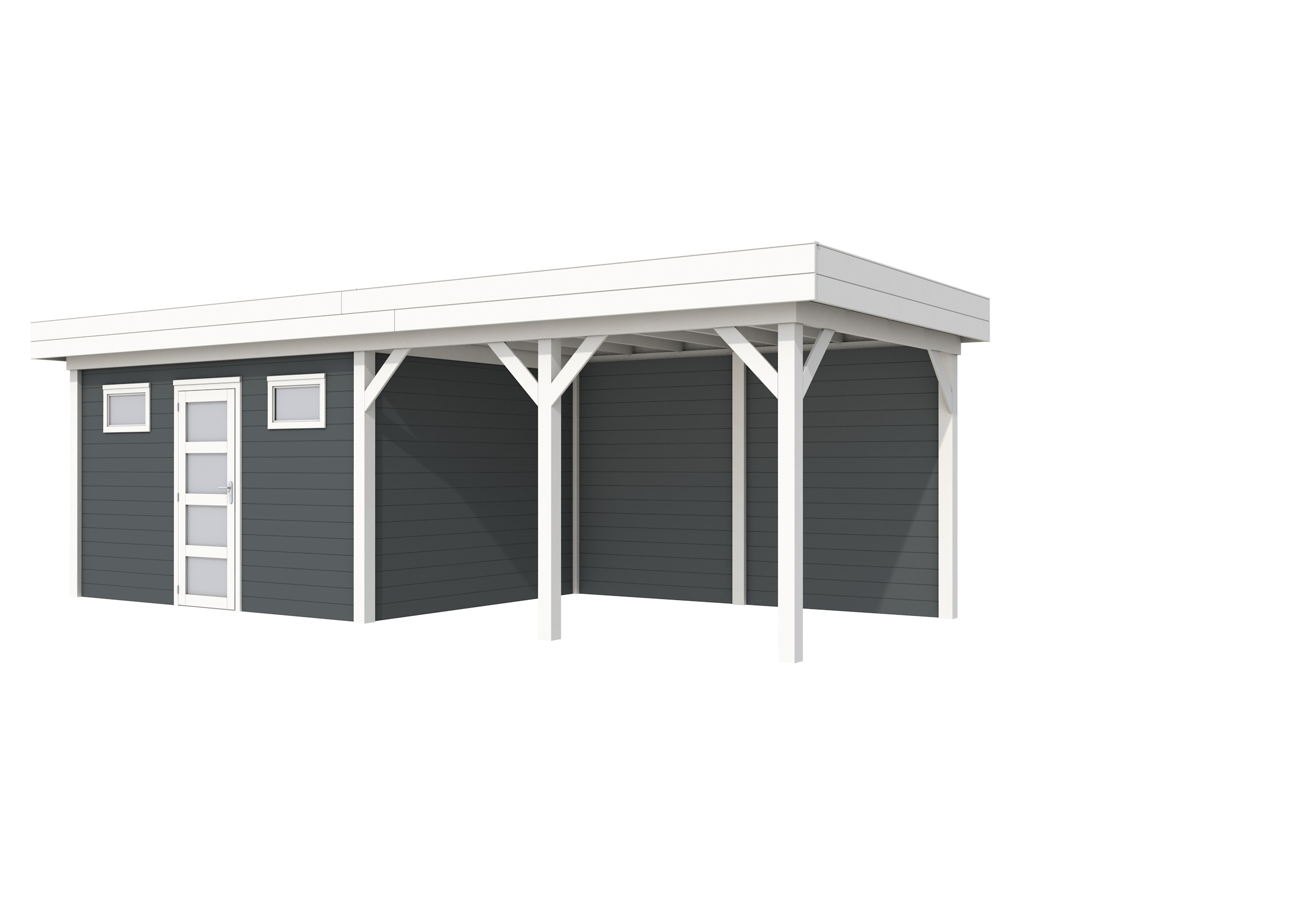 Vuren Topvision Kievit, 400 x 300 en luifel 400 cm, wanden antraciet en basis wit.