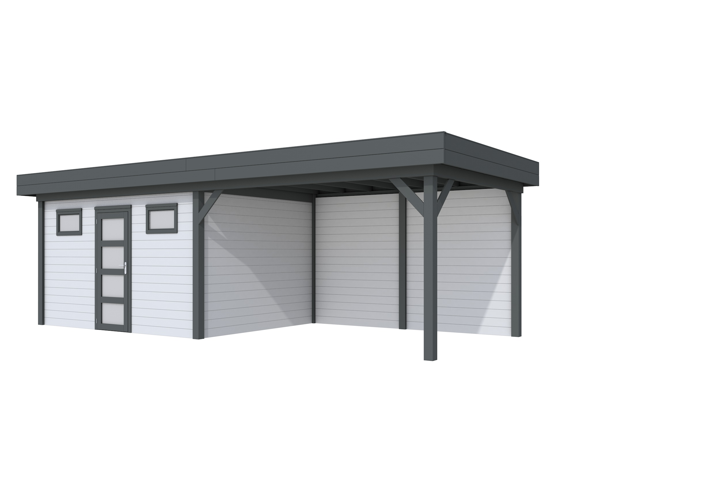 Vuren Topvision Kievit, 400 x 300 en luifel 400 cm, wanden lichtgrijs en basis antraciet.