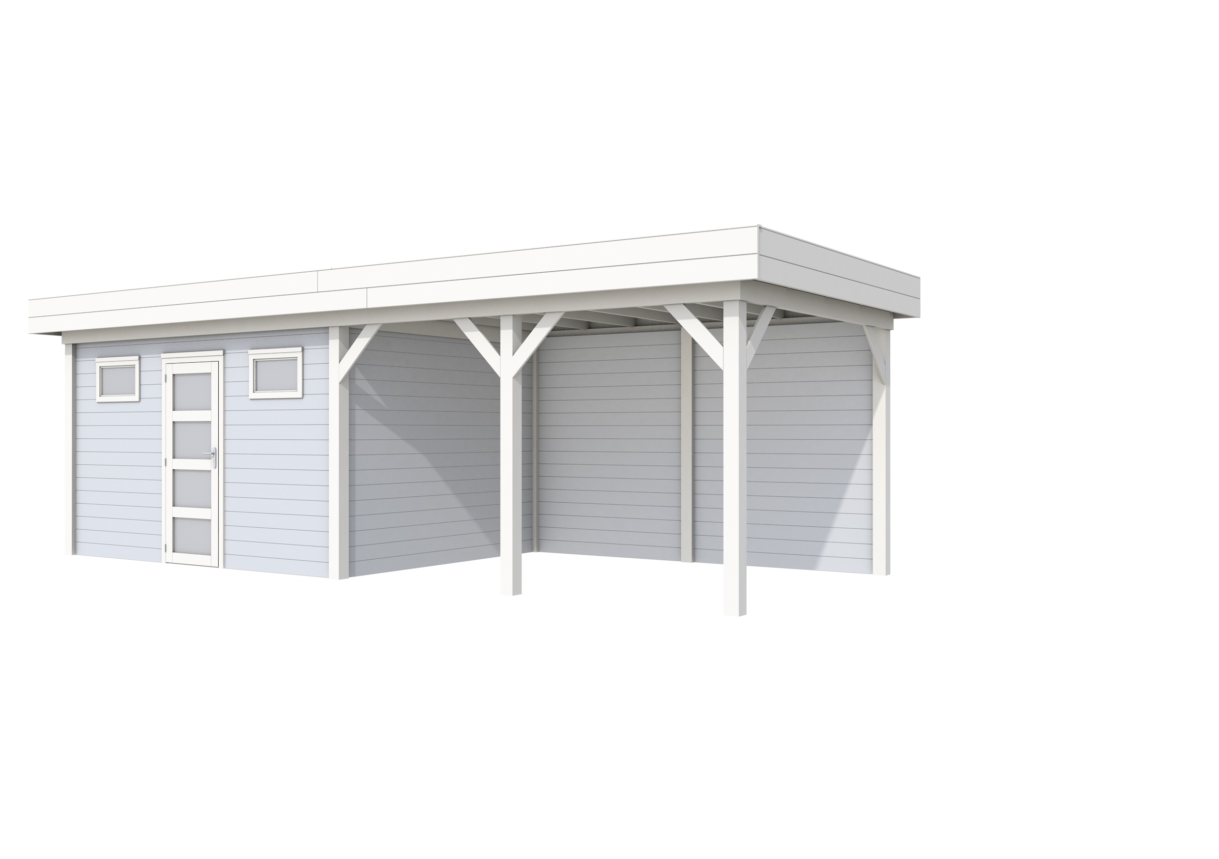 Vuren Topvision Kievit, 400 x 300 en luifel 400 cm, wanden lichtgrijs en basis wit.