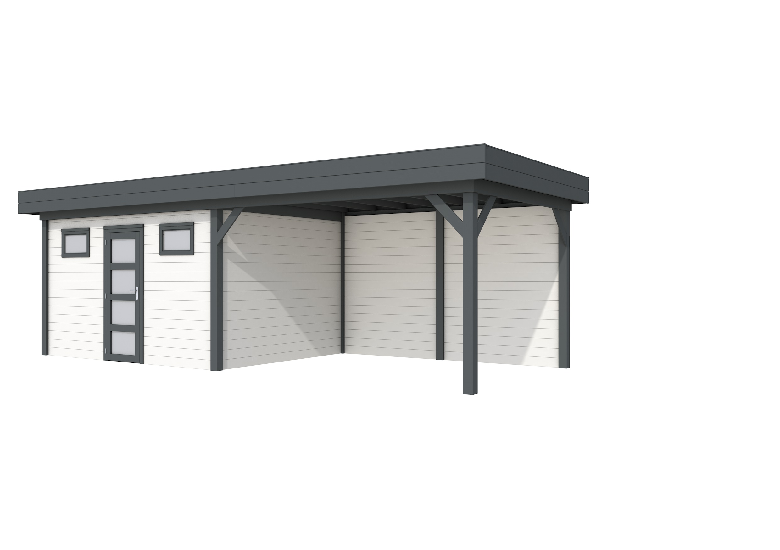 Vuren Topvision Kievit, 400 x 300 en luifel 400 cm, wanden wit en basis antraciet.