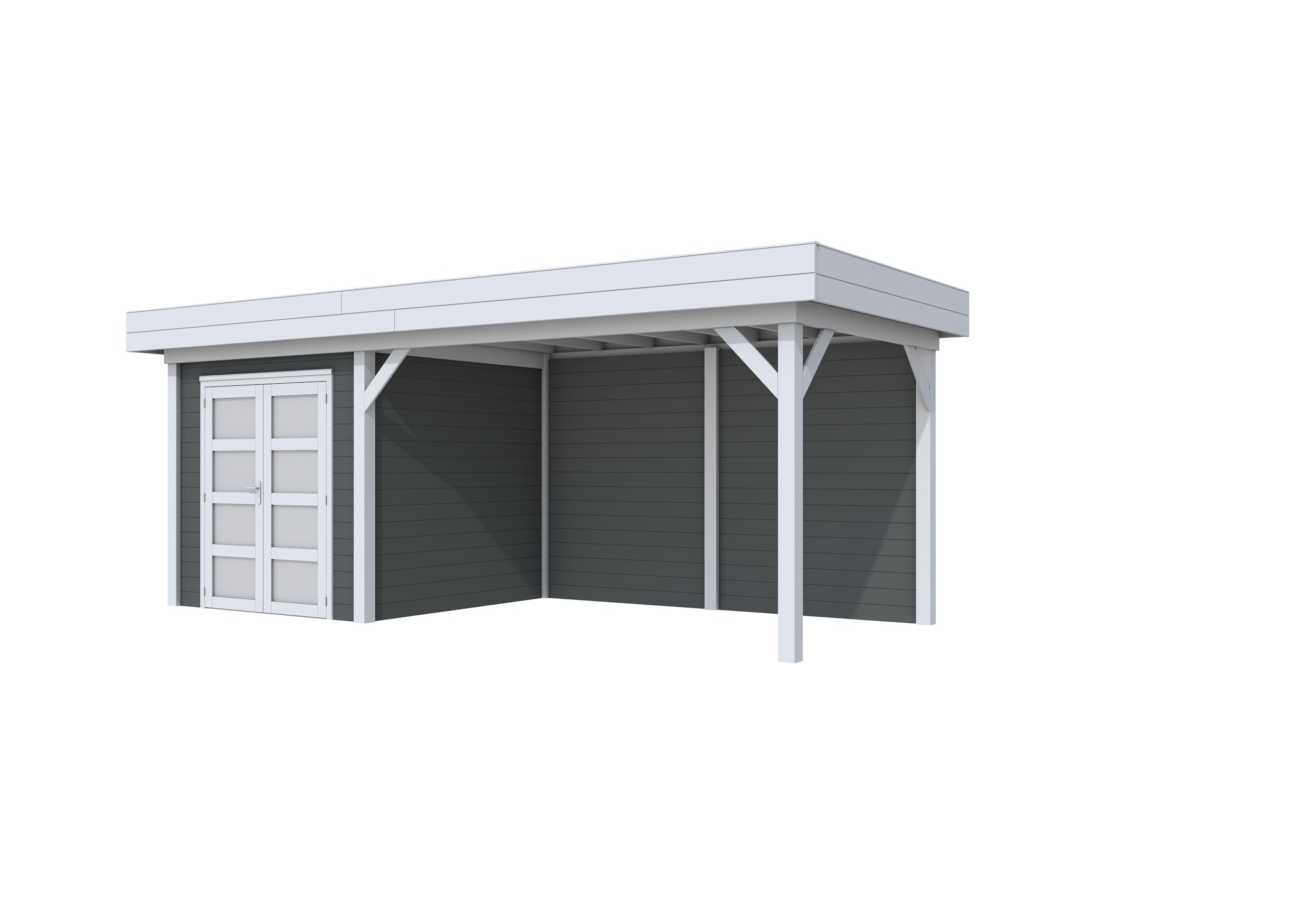 Vuren Topvision Kolibri, 250 x 250 en luifel 400 cm, wanden antraciet en basis lichtgrijs.