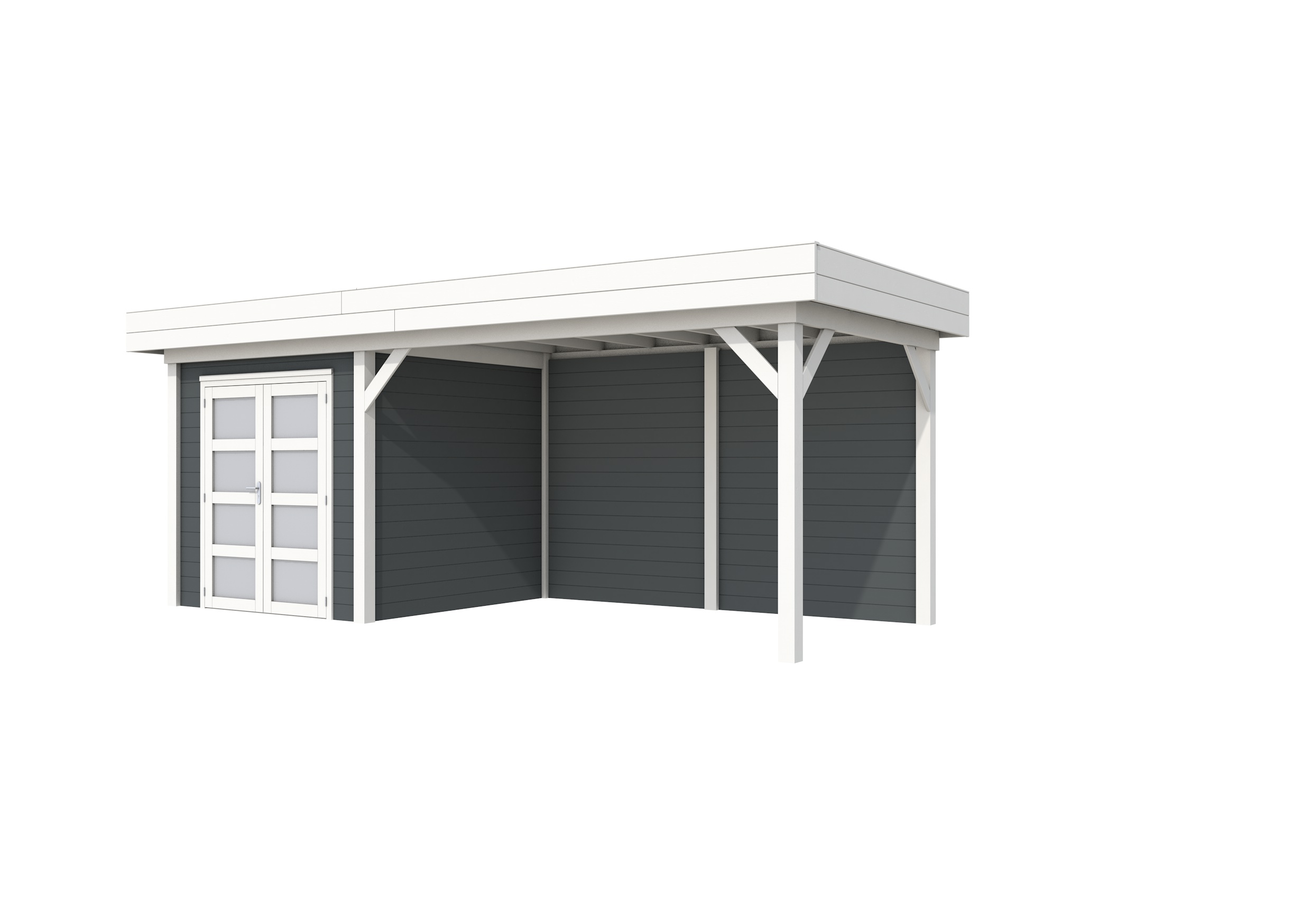 Vuren Topvision Kolibri, 250 x 250 en luifel 400 cm, wanden antraciet en basis wit.