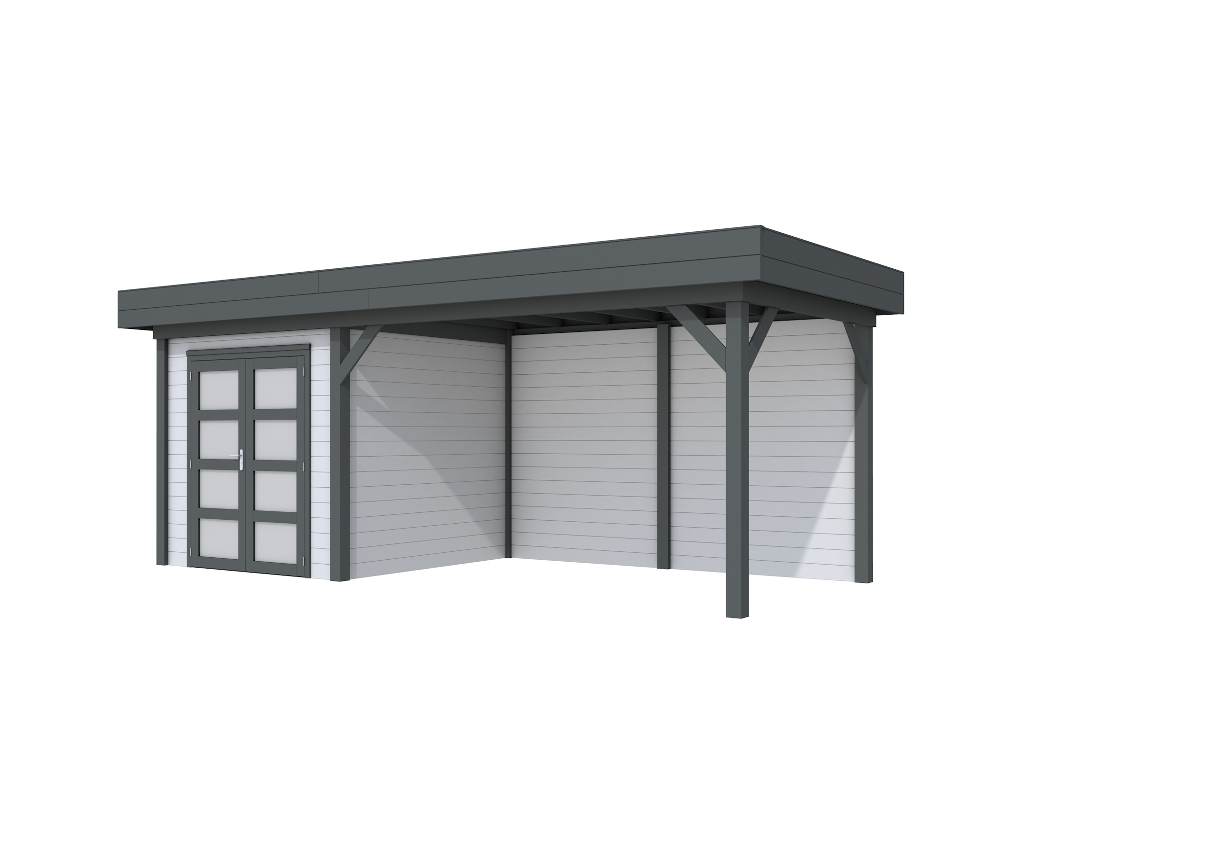 Vuren Topvision Kolibri, 250 x 250 en luifel 400 cm, wanden lichtgrijs en basis antraciet.